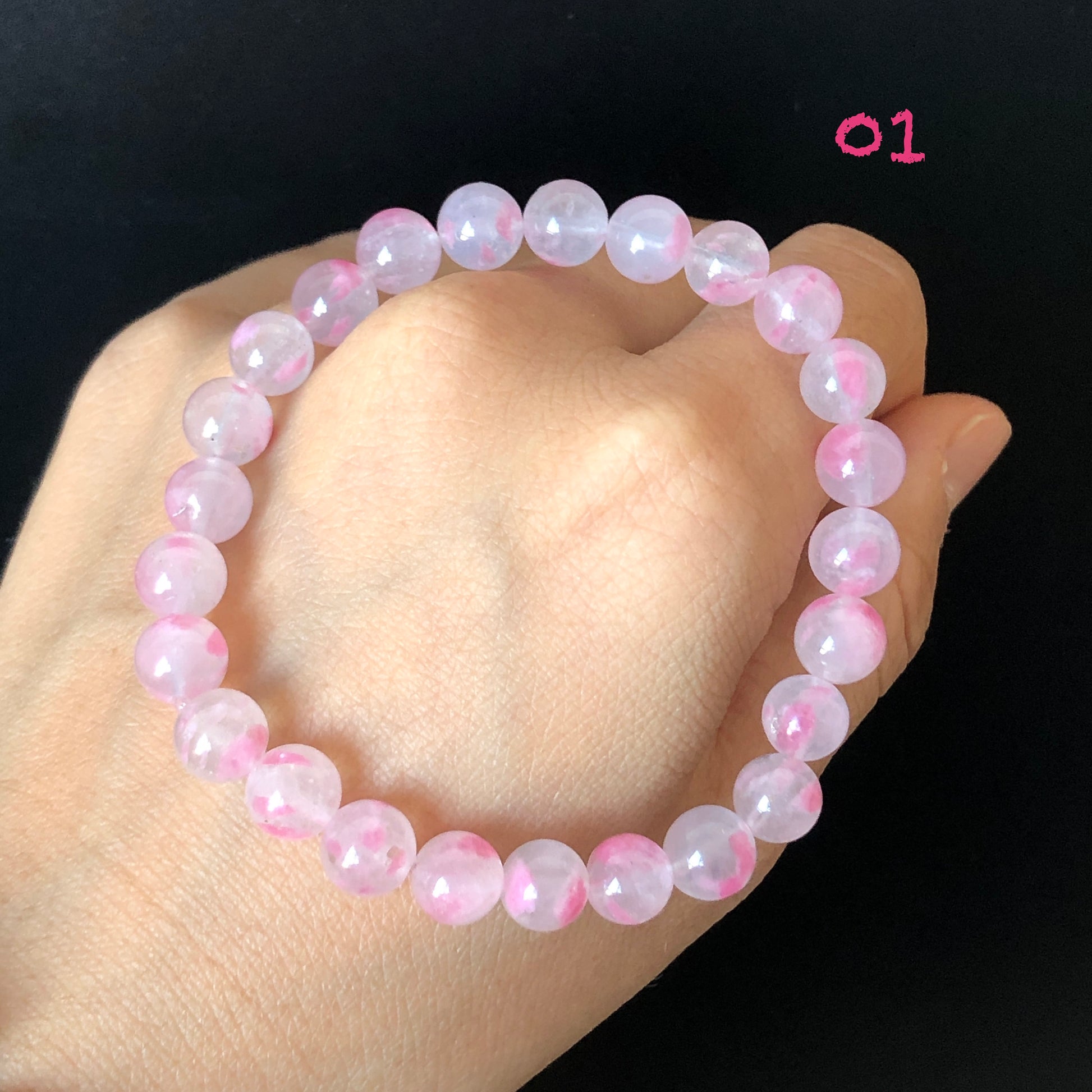 Natural Icy Light and Dark Sakura Rain Rhodonite Bracelet | Cherry Plum Blossom | Day and Night Sakura | Strawberry Yogurt | Stone Crystal