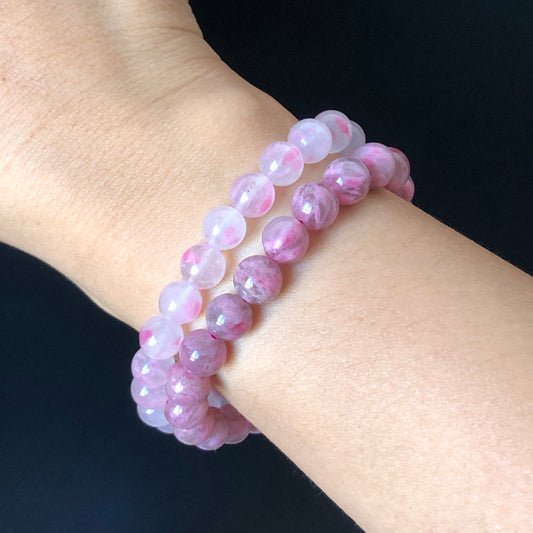 Natural Icy Light and Dark Sakura Rain Rhodonite Bracelet | Cherry Plum Blossom | Day and Night Sakura | Strawberry Yogurt | Stone Crystal