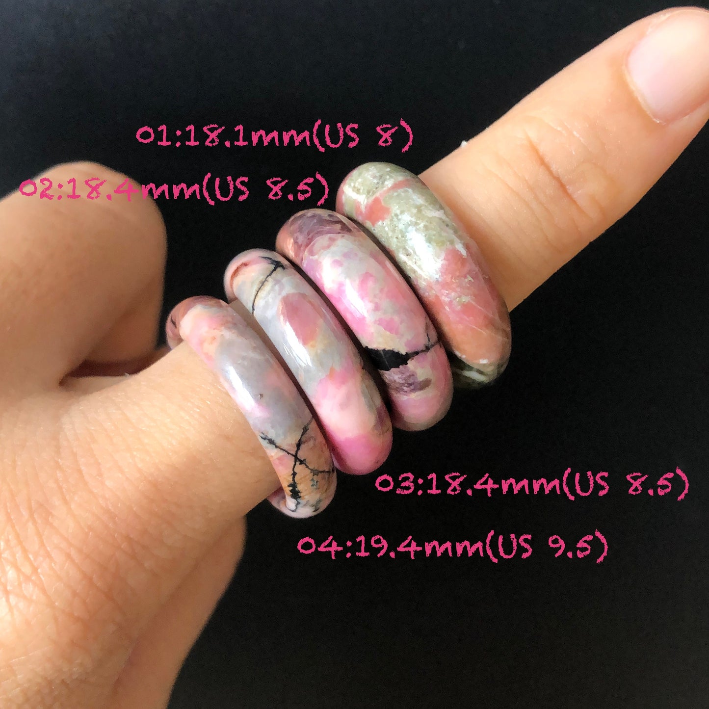 Natural Rhodonite Stone Crystal Ring | 18-19mm | US 8-9.5 | Colour Wildness | Graffiti on the Ring | Porcelain Blue Pink | Healing Gemstone