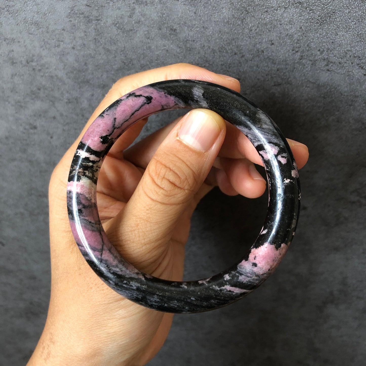 56.4mm High quality Natural Rhodonite Stone Bangle Bracelet | Dancing with the Dark | Black with rosy pink | Crystal Gemstone Stone Bangle