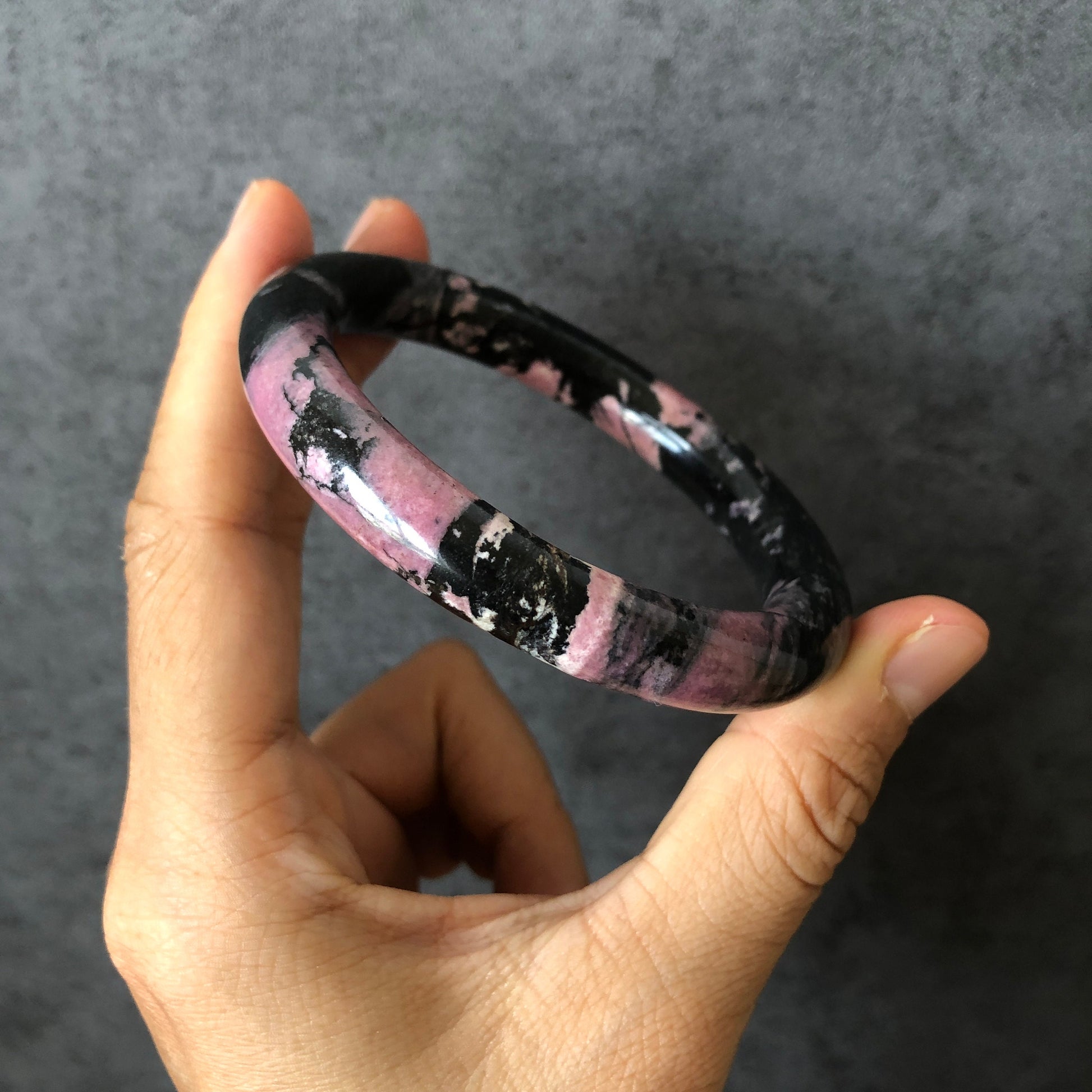 56.4mm High quality Natural Rhodonite Stone Bangle Bracelet | Dancing with the Dark | Black with rosy pink | Crystal Gemstone Stone Bangle