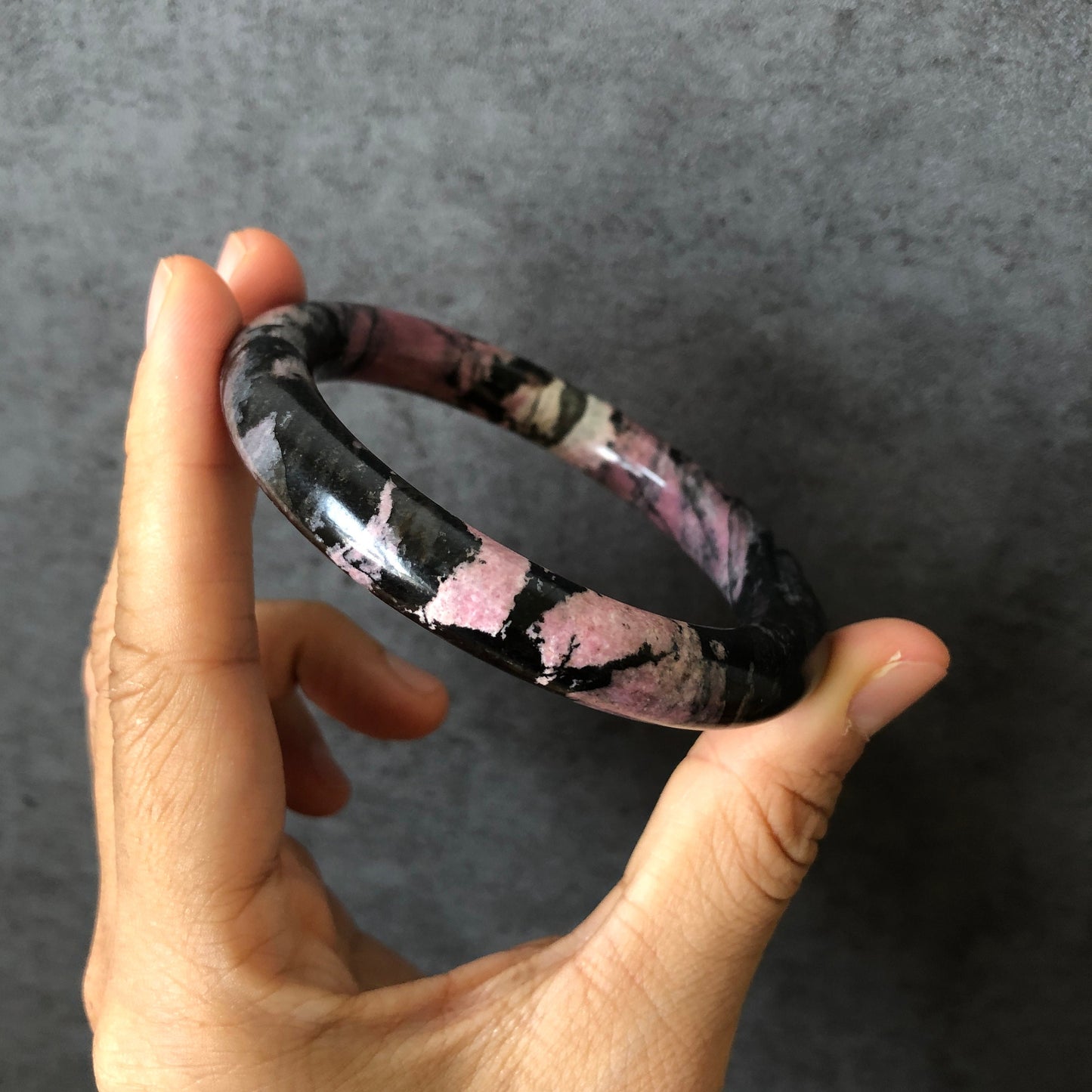 56.4mm High quality Natural Rhodonite Stone Bangle Bracelet | Dancing with the Dark | Black with rosy pink | Crystal Gemstone Stone Bangle