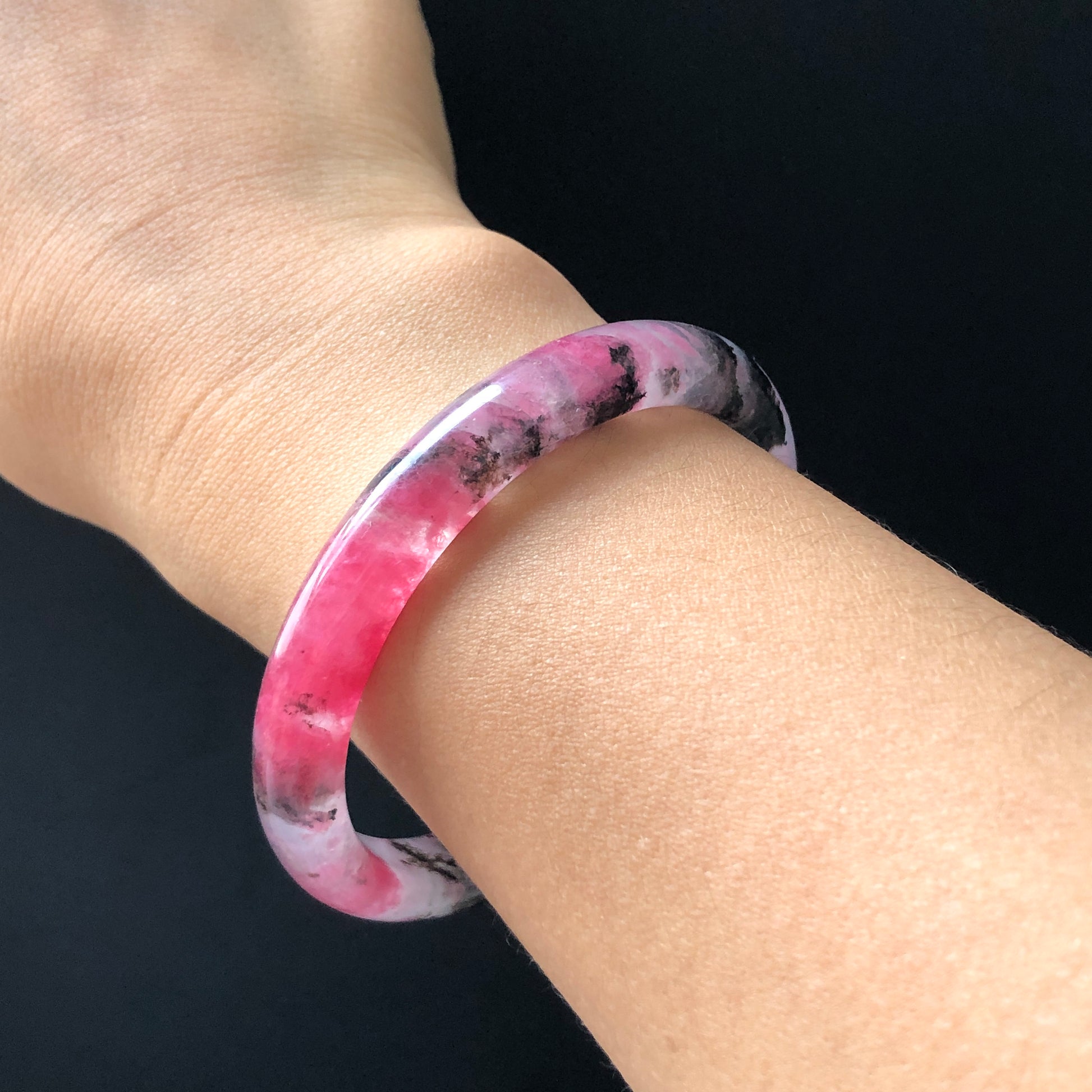 57mm Premium Natural Icy Rhodonite Stone Crystal Bangle | Black Pink Cherry Plum Blossom Sakura Rain | Chinese Danqing | Healing Stone GIft