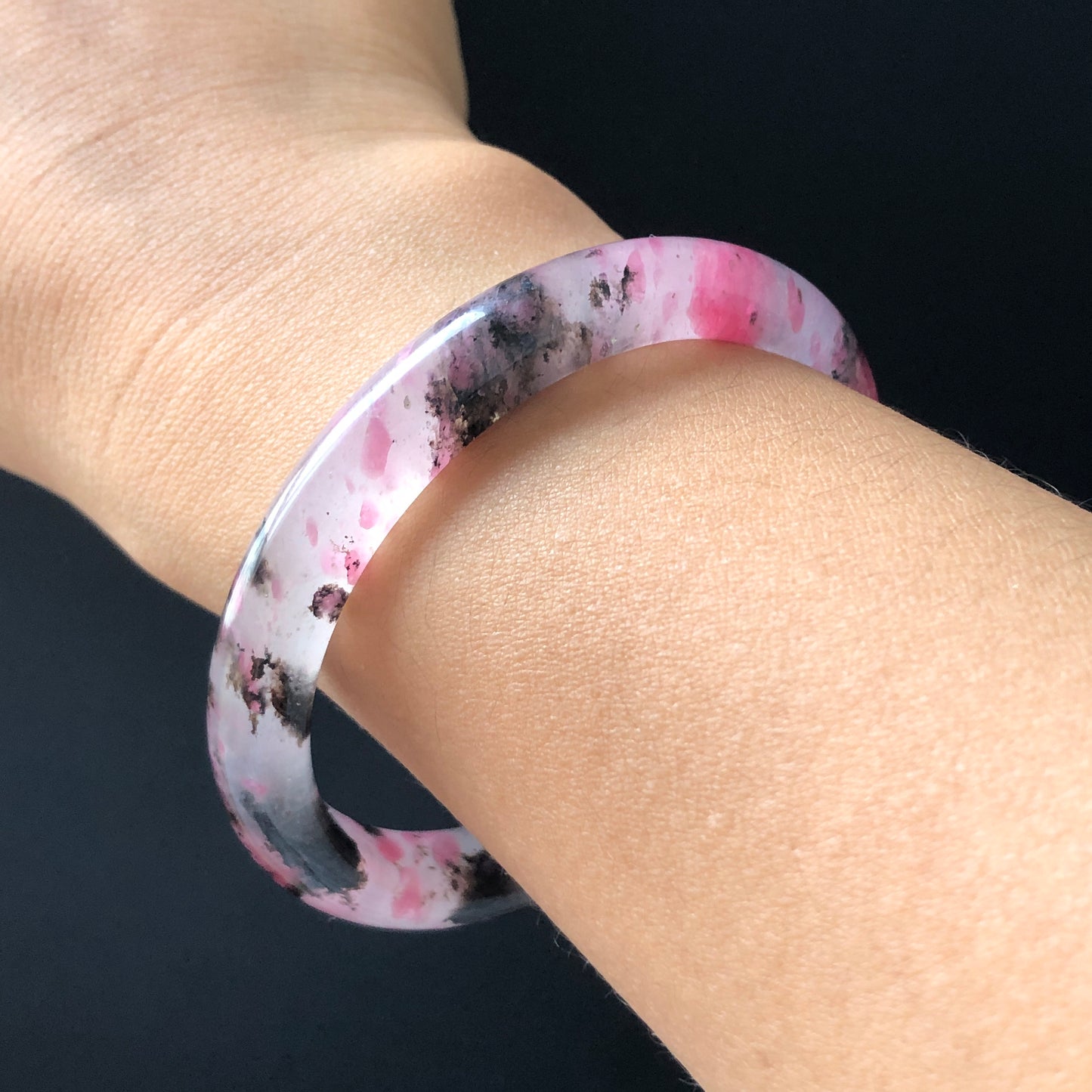 57mm Premium Natural Icy Rhodonite Stone Crystal Bangle | Black Pink Cherry Plum Blossom Sakura Rain | Chinese Danqing | Healing Stone GIft