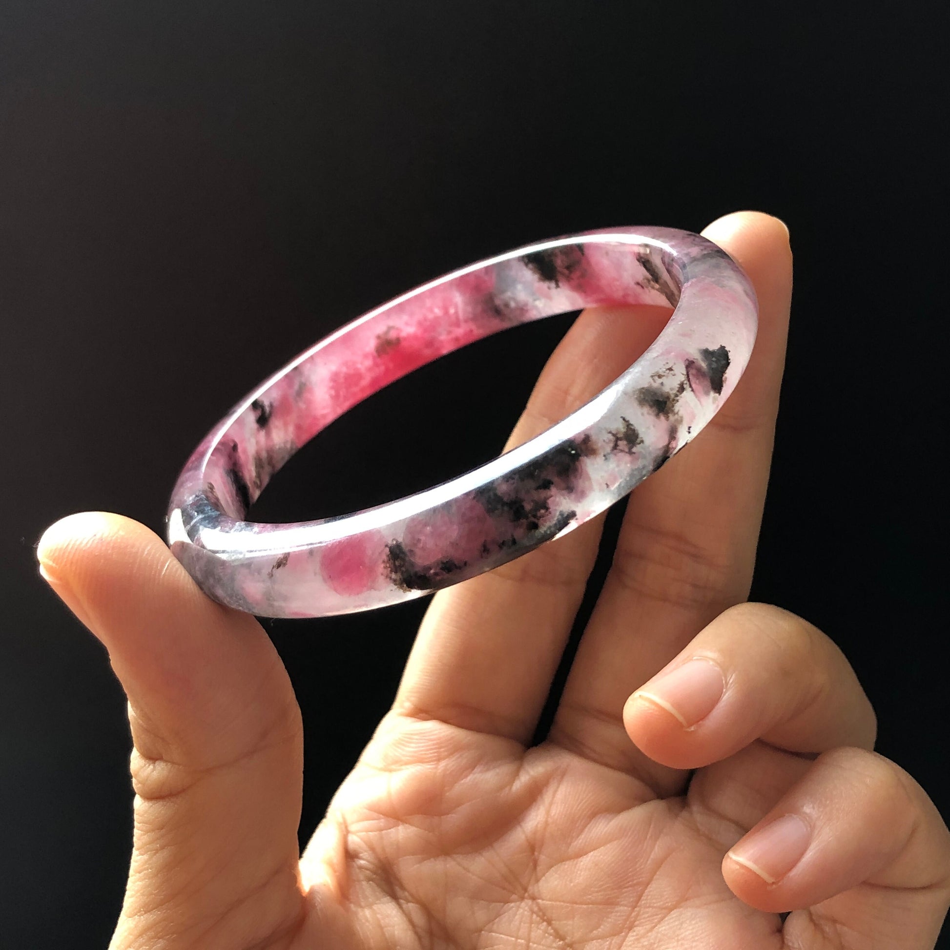 57mm Premium Natural Icy Rhodonite Stone Crystal Bangle | Black Pink Cherry Plum Blossom Sakura Rain | Chinese Danqing | Healing Stone GIft