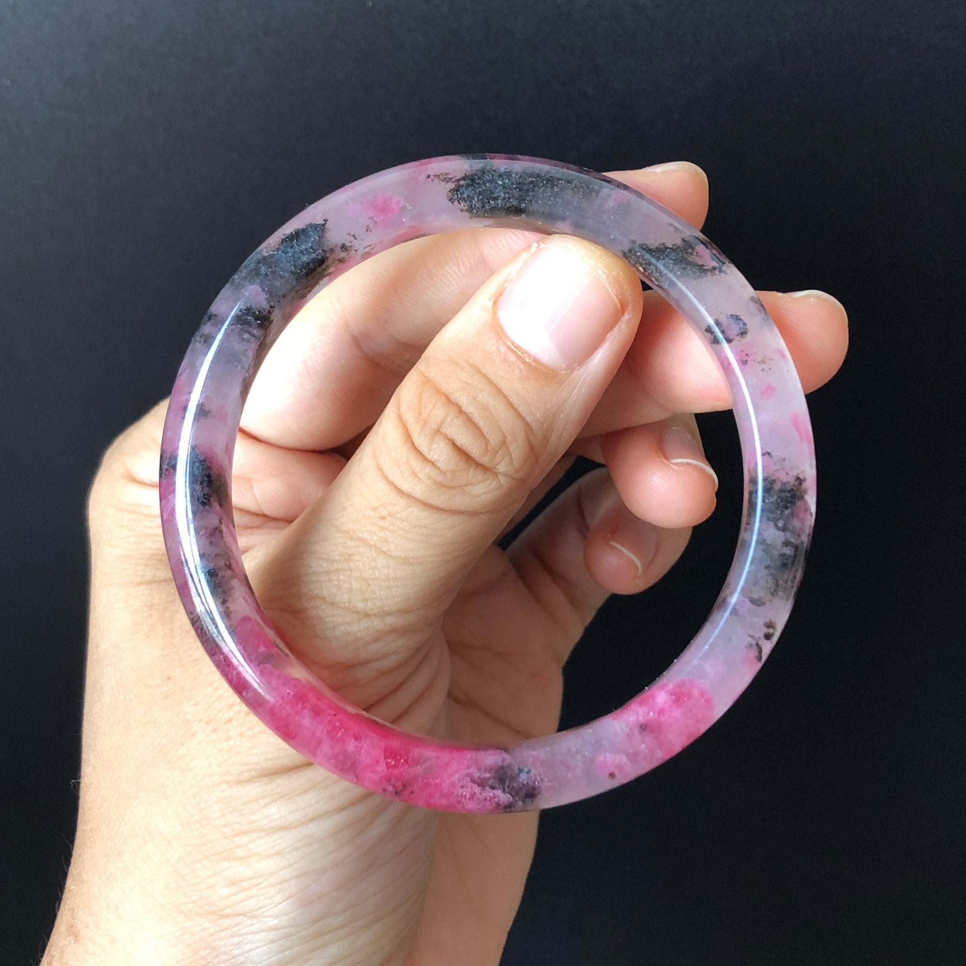 57mm Premium Natural Icy Rhodonite Stone Crystal Bangle | Black Pink Cherry Plum Blossom Sakura Rain | Chinese Danqing | Healing Stone GIft