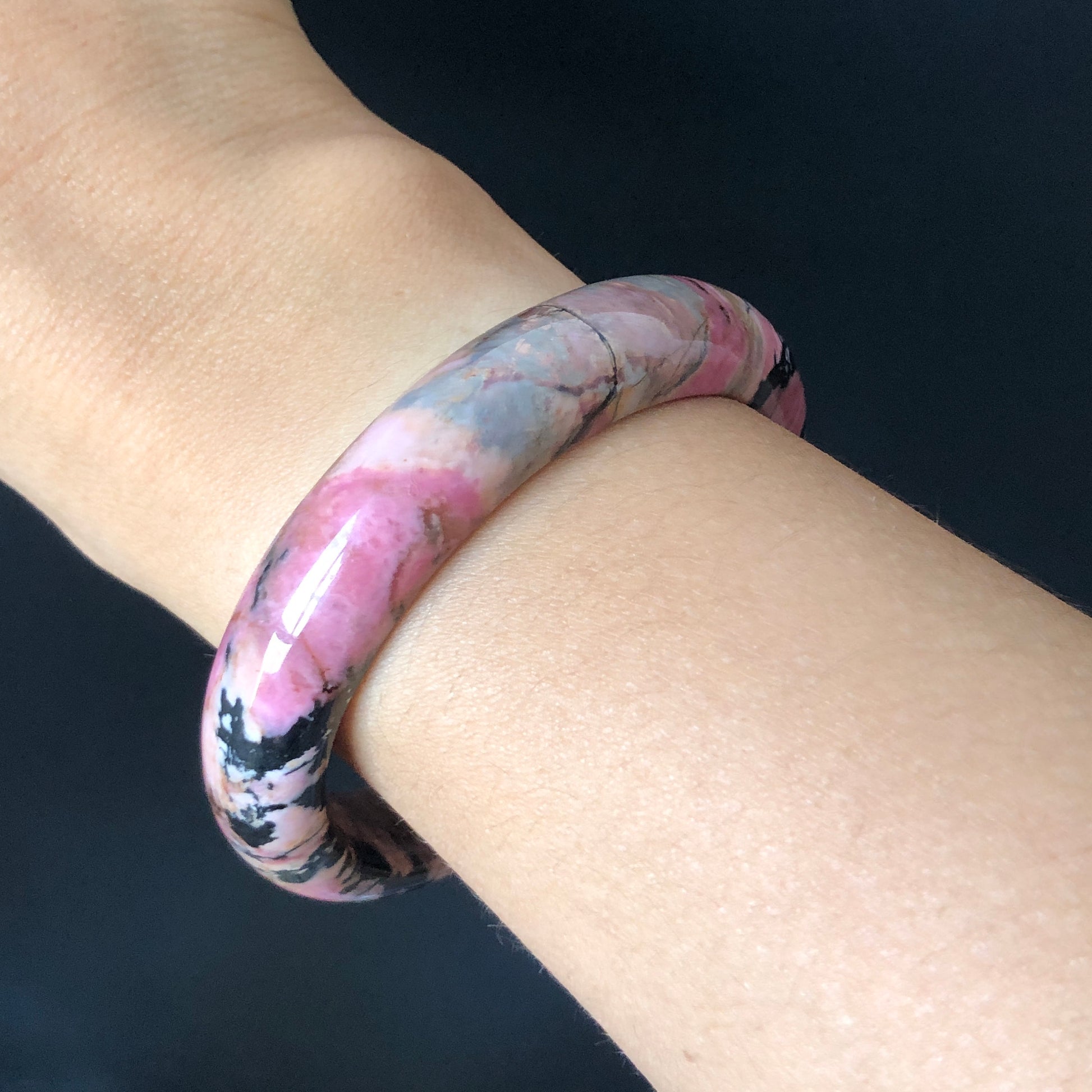 55.3mm Natural Rhodonite Stone Crystal Bangle | Colourful Vintage Punk | Porcelain Blue Pink Brown | Cool Splashing Ink | Love Stone Gift