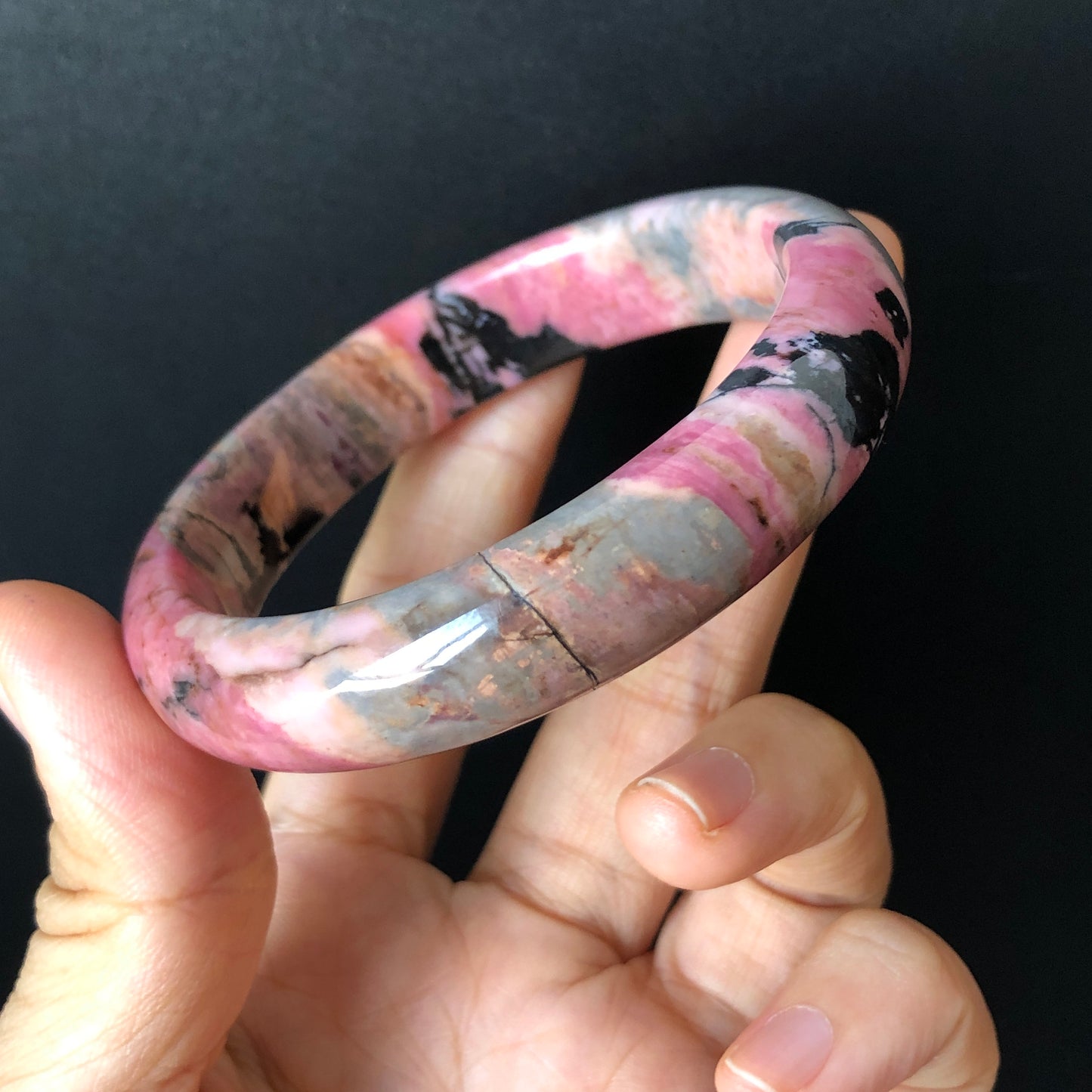 55.3mm Natural Rhodonite Stone Crystal Bangle | Colourful Vintage Punk | Porcelain Blue Pink Brown | Cool Splashing Ink | Love Stone Gift