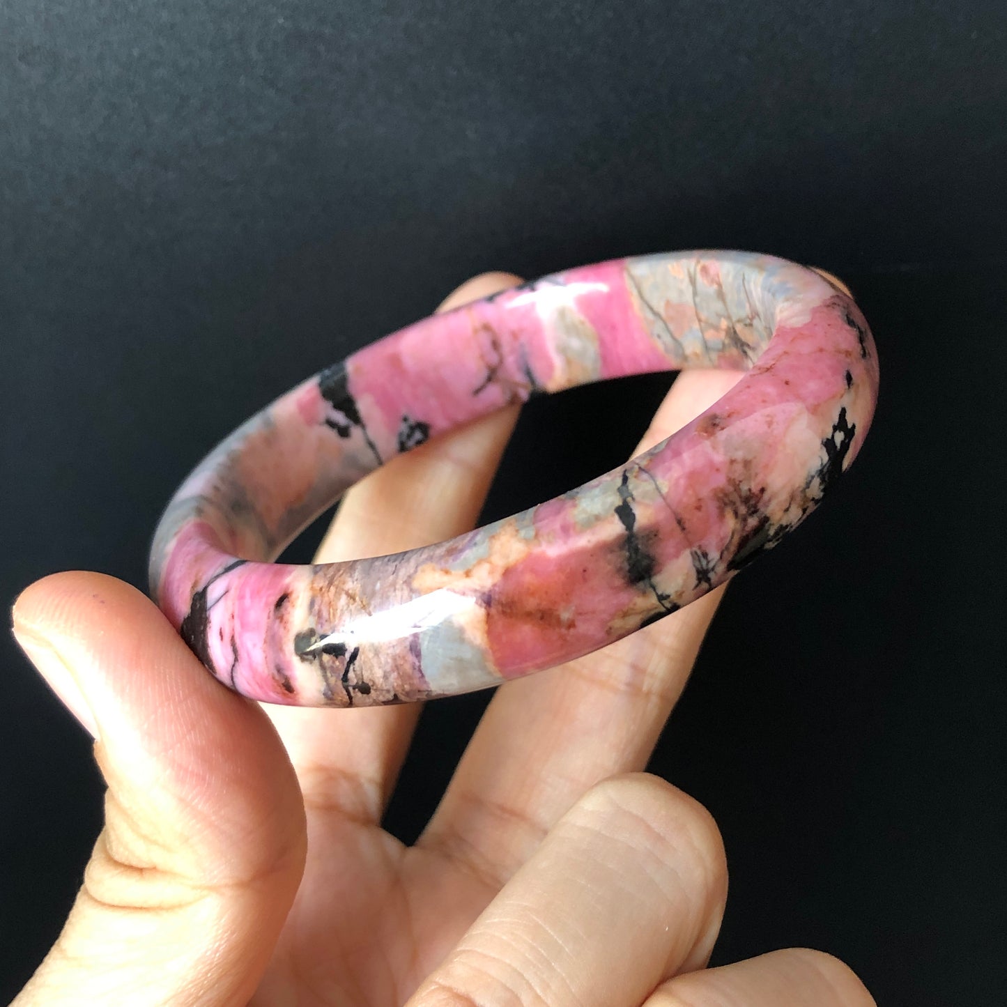 55.3mm Natural Rhodonite Stone Crystal Bangle | Colourful Vintage Punk | Porcelain Blue Pink Brown | Cool Splashing Ink | Love Stone Gift