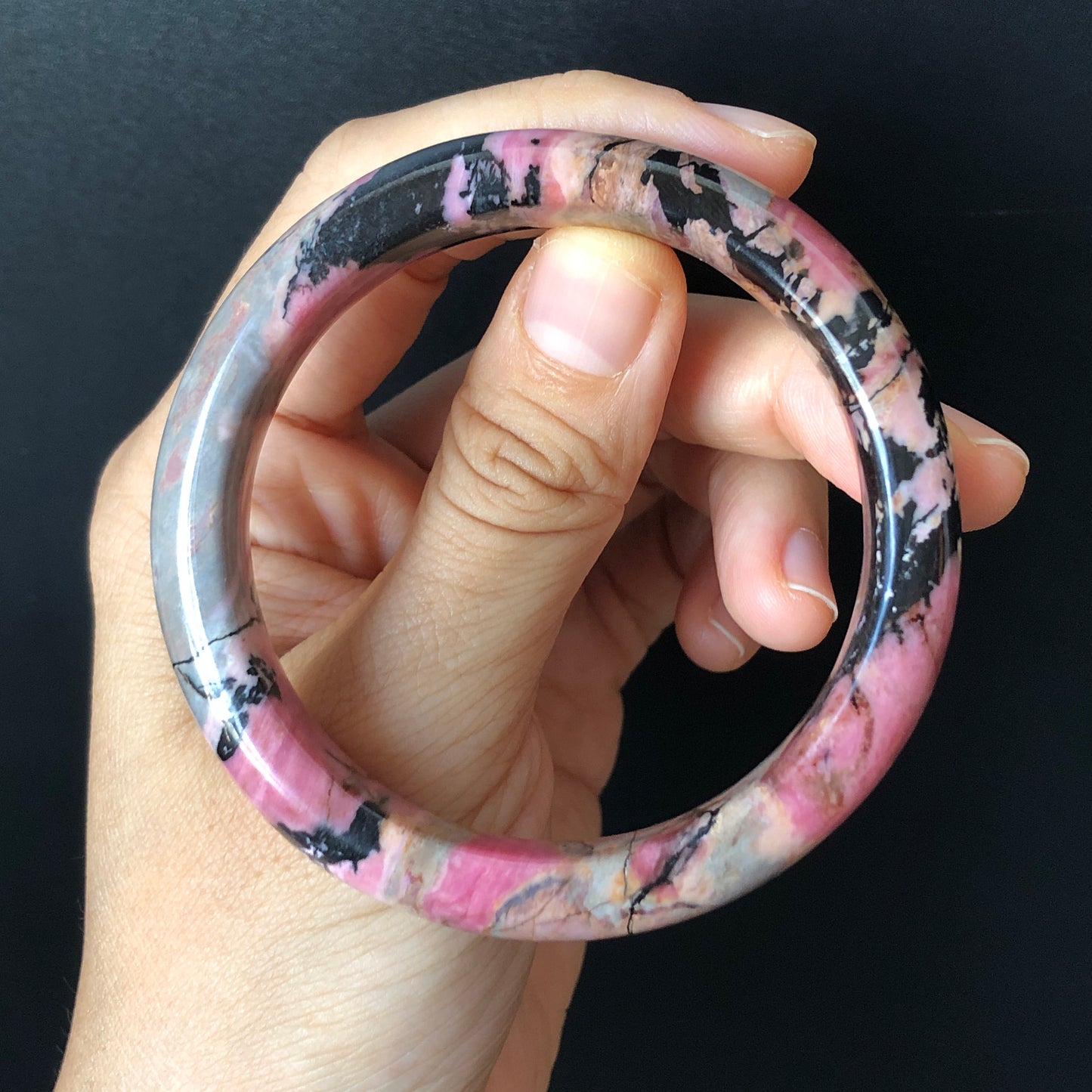 55.3mm Natural Rhodonite Stone Crystal Bangle | Colourful Vintage Punk | Porcelain Blue Pink Brown | Cool Splashing Ink | Love Stone Gift