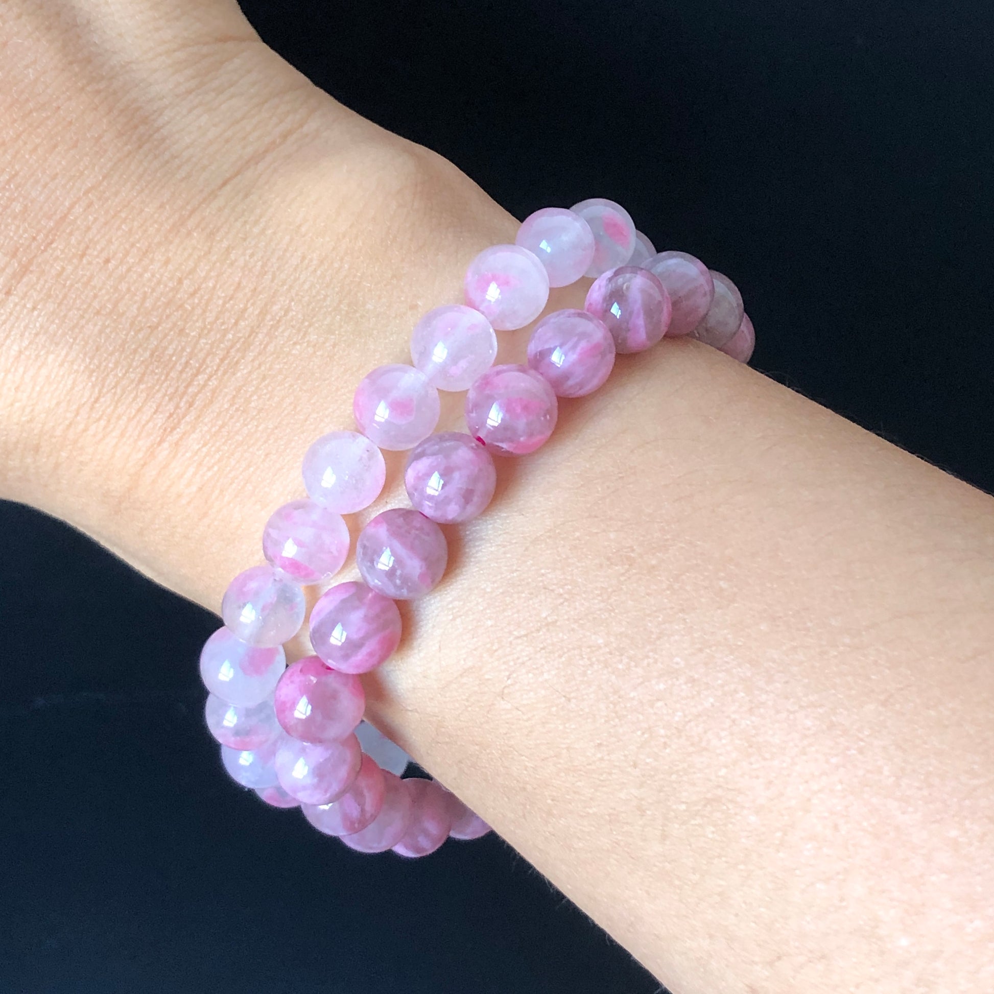 Natural Icy Light and Dark Sakura Rain Rhodonite Bracelet | Cherry Plum Blossom | Day and Night Sakura | Strawberry Yogurt | Stone Crystal