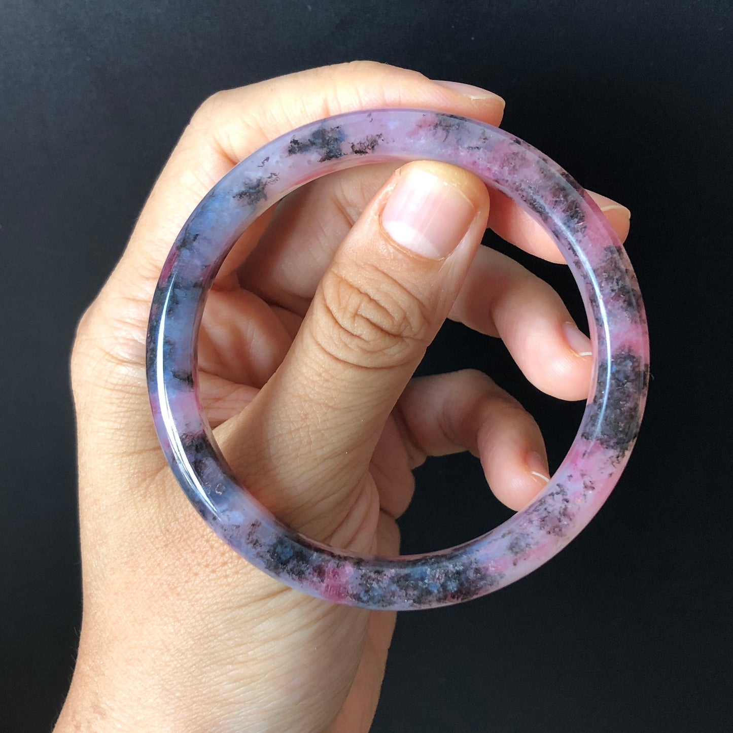 57.7mm Natural Rhodonite Crystal Bangle Stone Bracelet | Milky Pink & Black Sakura Rain | Chinese Chinese Danqing | Cherry Plum Blossom