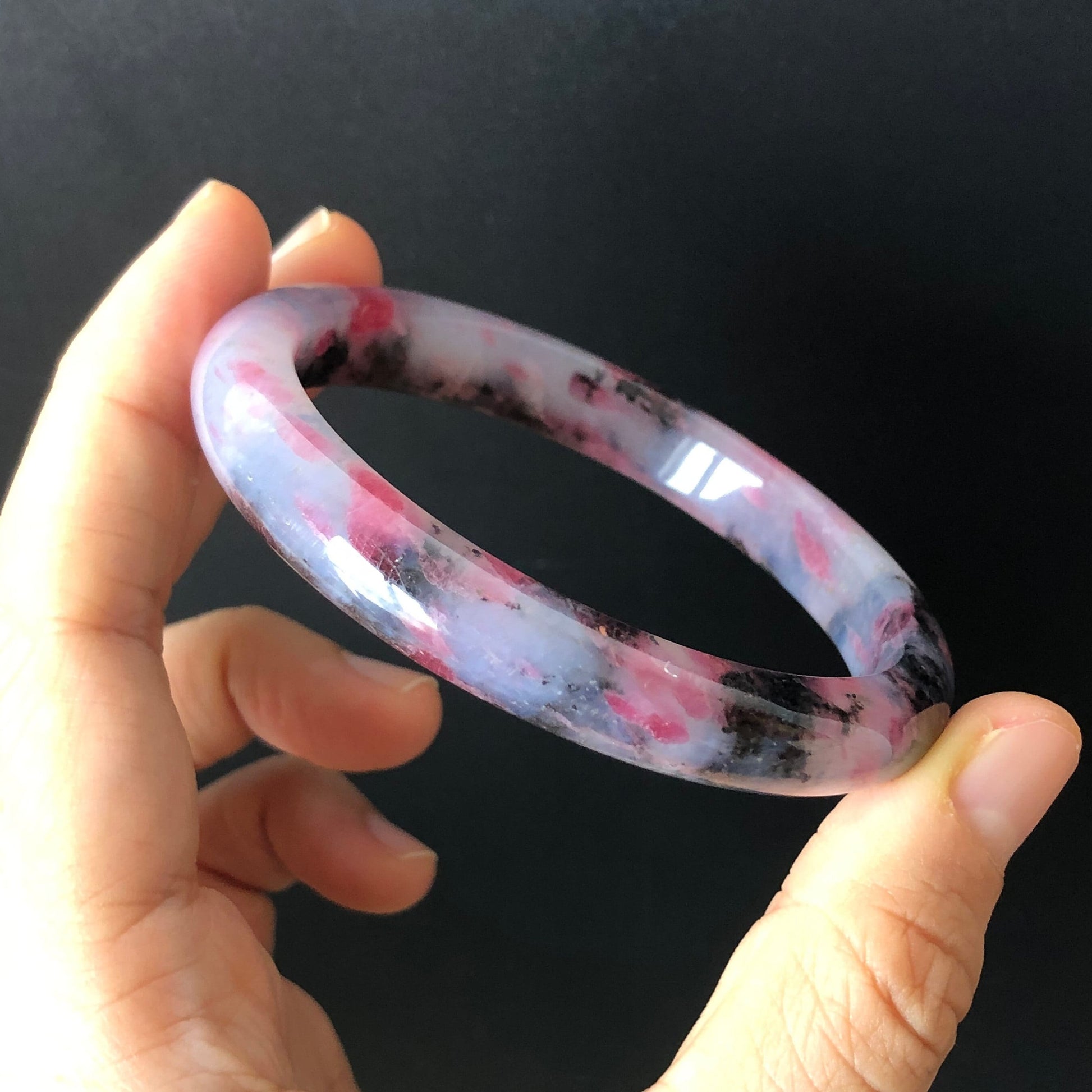 57.7mm Natural Rhodonite Crystal Bangle Stone Bracelet | Milky Pink & Black Sakura Rain | Chinese Chinese Danqing | Cherry Plum Blossom