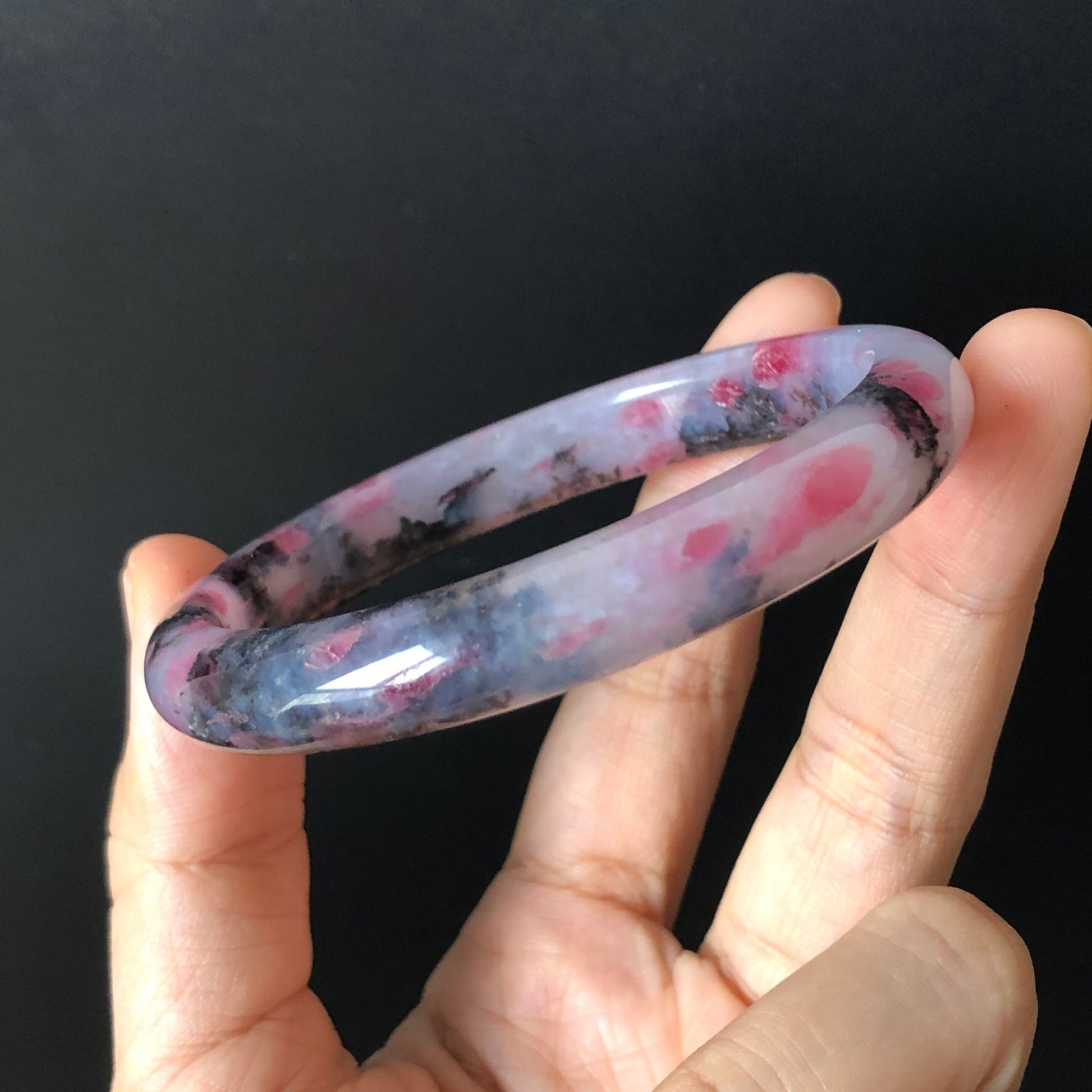 57.7mm Natural Rhodonite Crystal Bangle Stone Bracelet | Milky Pink & Black Sakura Rain | Chinese Chinese Danqing | Cherry Plum Blossom