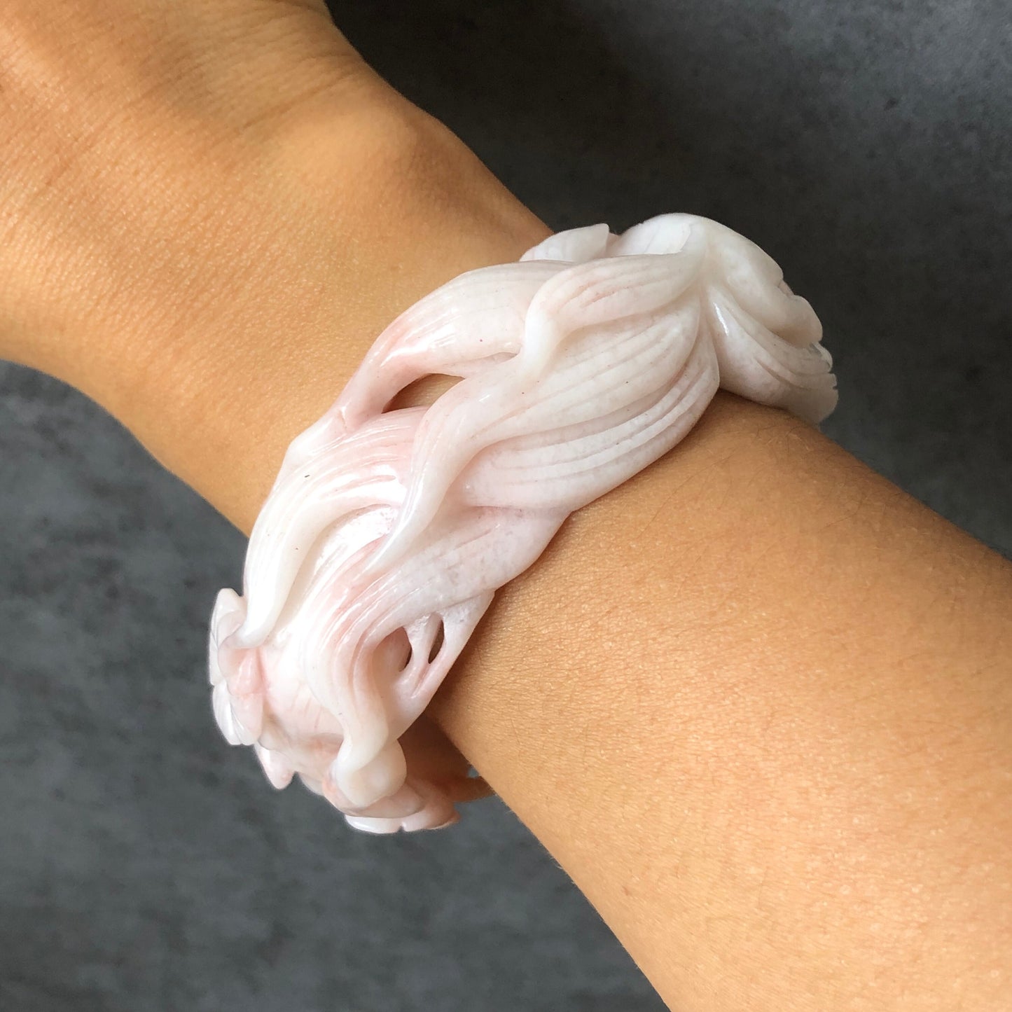 60mm Custom Size Natural Quartzite (She Taicui jade) Hand Carved Nine-tailed Fox Flowers Stone Crystal Bangle | Icy Milky Coral Sands