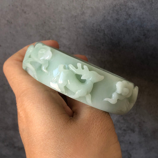 54.5mm Natural Quartzite (She Taicui jade) Hand Carved Deer Pine Cloud Stone Crystal Bangle Bracelet | Milky Green | Cute & Sweet