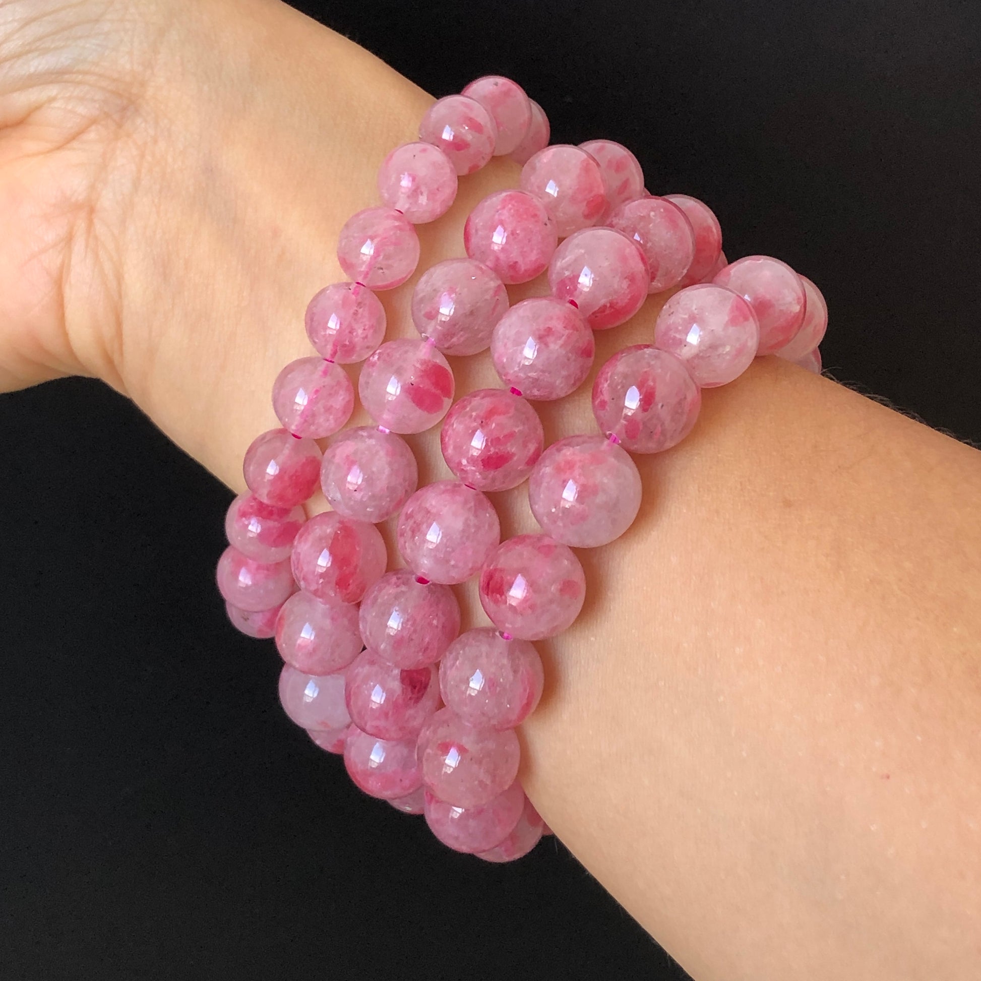 Natural Icy Rhodonite Stone Crystal Bead Bracelet | Cherry Plum Blossom | Sakura Rain | Red Petals | Frozen Cherry | Icy and Translucent