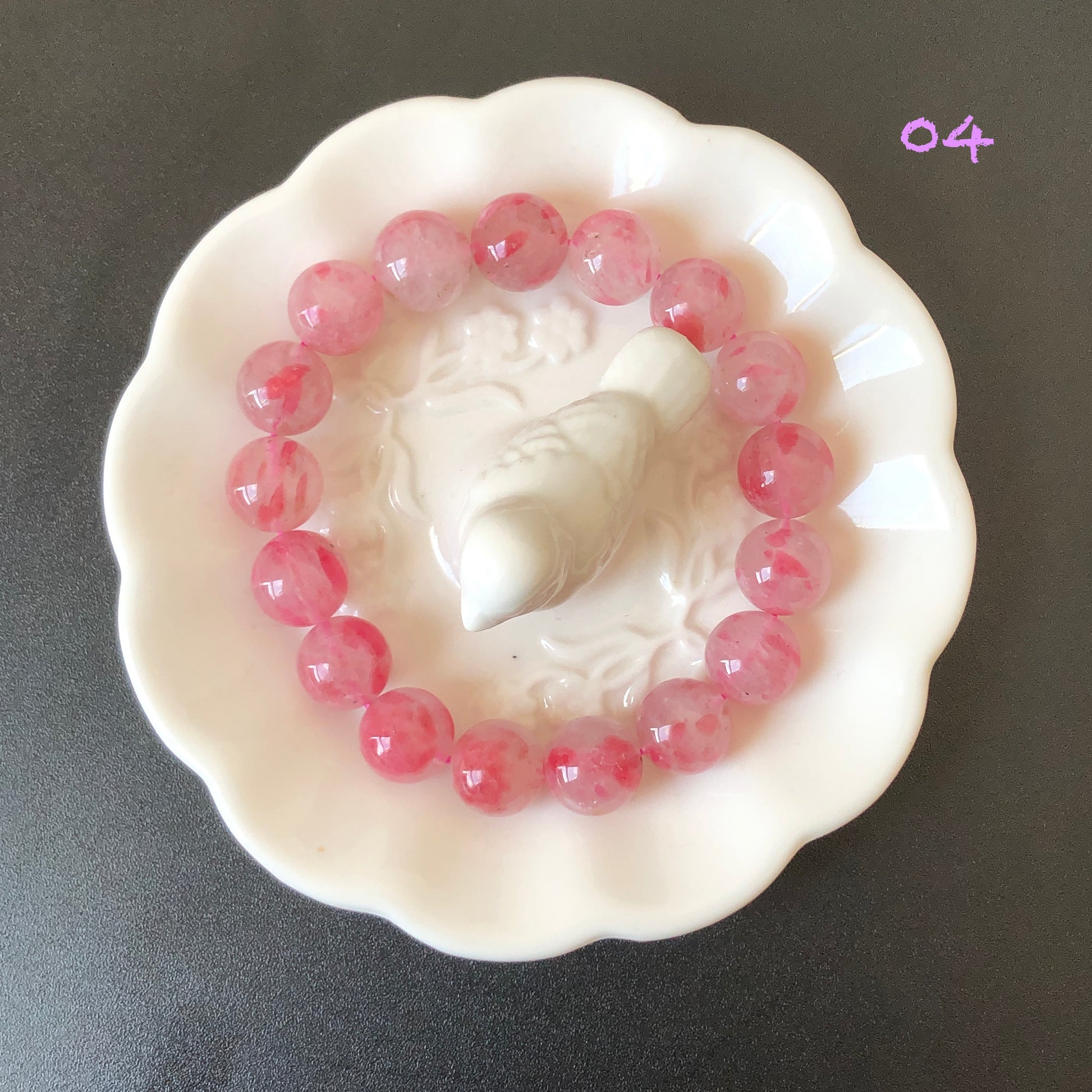 Natural Icy Rhodonite Stone Crystal Bead Bracelet | Cherry Plum Blossom | Sakura Rain | Red Petals | Frozen Cherry | Icy and Translucent