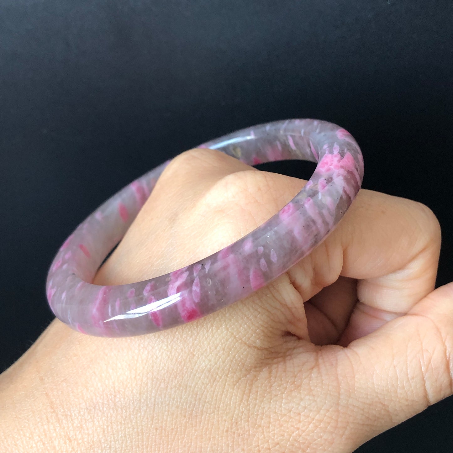 56.4mm Ultra-rare Natural Icy Rhodonite Stone Crystal Gemstone Bangle Bracelet | Night Sakura Rain | Cherry Plum Blossom | Grey Pink Lances