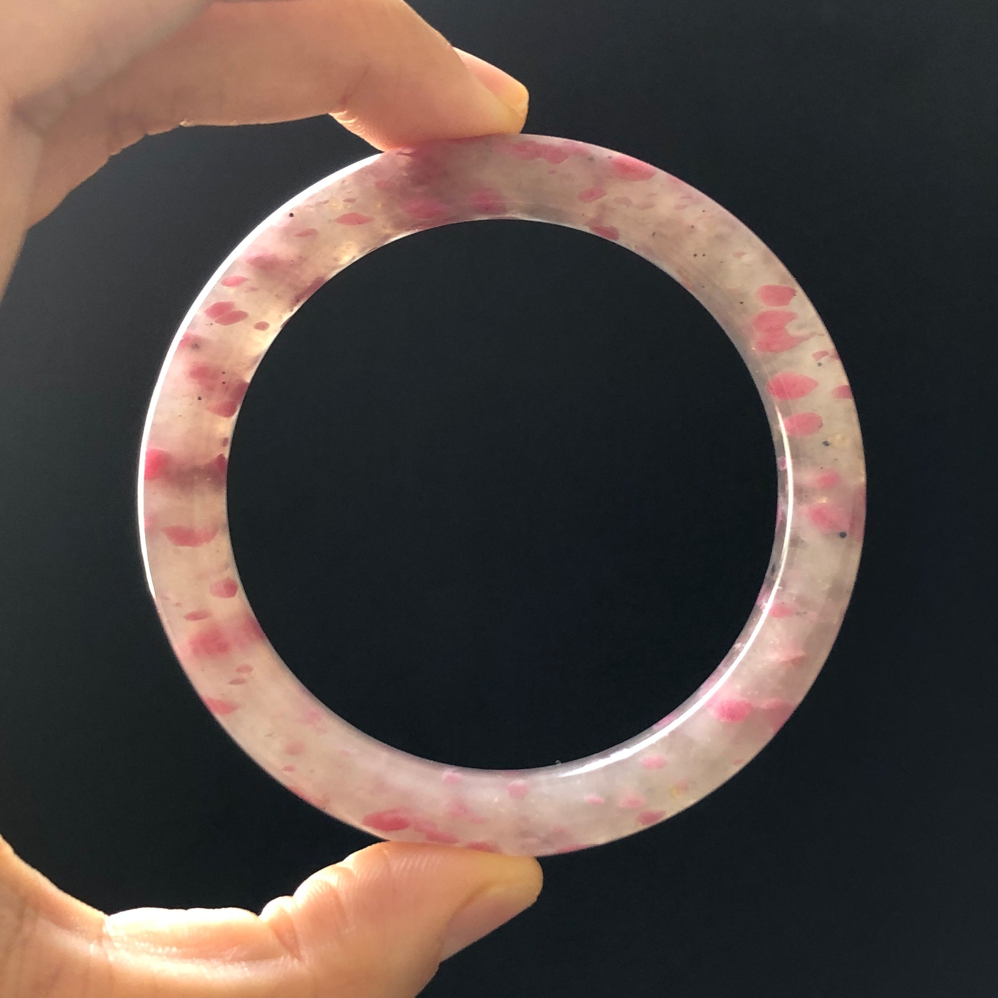 56.4mm Ultra-rare Natural Icy Rhodonite Stone Crystal Gemstone Bangle Bracelet | Night Sakura Rain | Cherry Plum Blossom | Grey Pink Lances