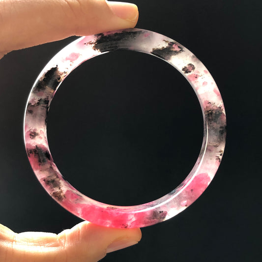 57mm Premium Natural Icy Rhodonite Stone Crystal Bangle | Black Pink Cherry Plum Blossom Sakura Rain | Chinese Danqing | Healing Stone GIft