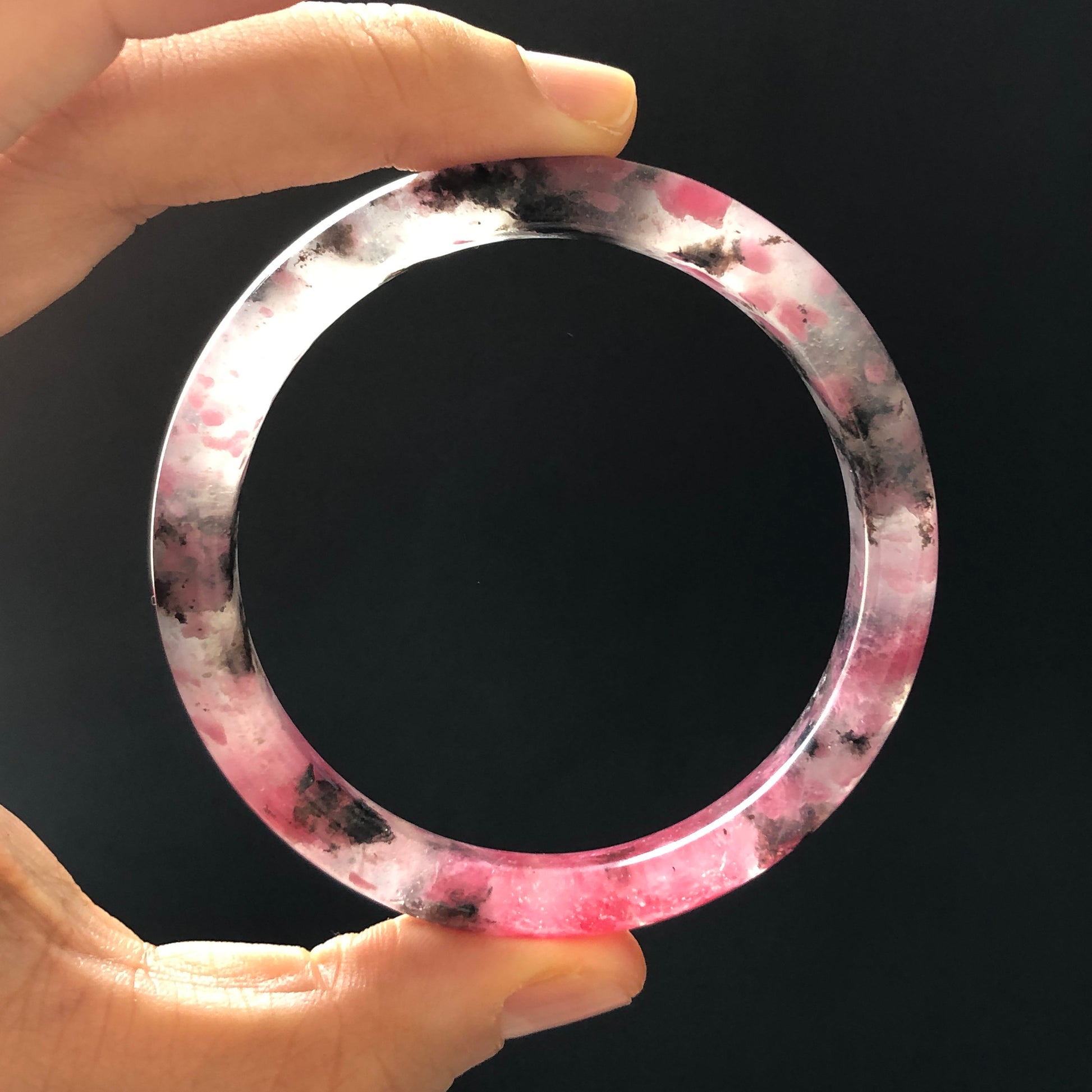 57mm Premium Natural Icy Rhodonite Stone Crystal Bangle | Black Pink Cherry Plum Blossom Sakura Rain | Chinese Danqing | Healing Stone GIft