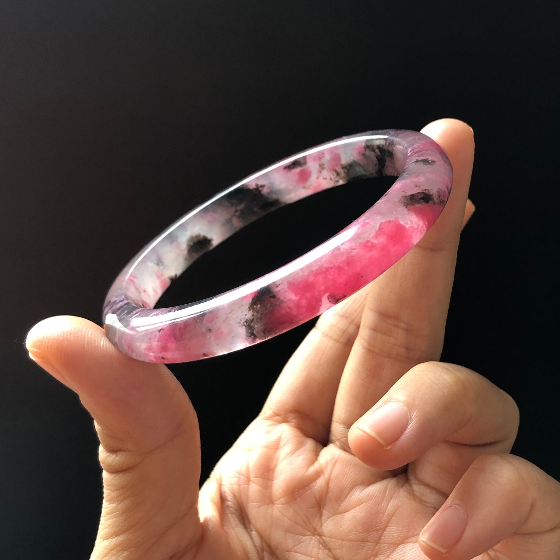 57mm Premium Natural Icy Rhodonite Stone Crystal Bangle | Black Pink Cherry Plum Blossom Sakura Rain | Chinese Danqing | Healing Stone GIft