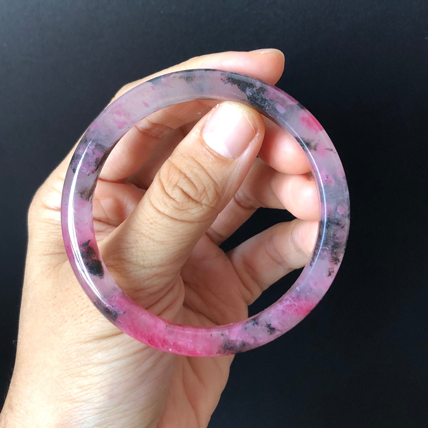 57mm Premium Natural Icy Rhodonite Stone Crystal Bangle | Black Pink Cherry Plum Blossom Sakura Rain | Chinese Danqing | Healing Stone GIft