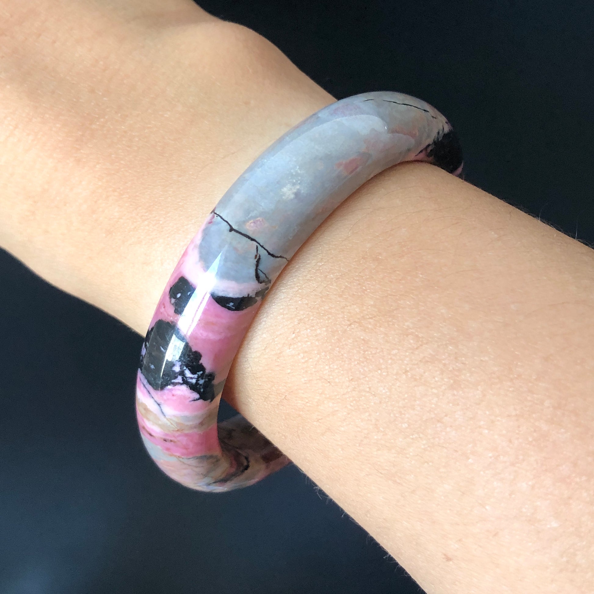 55.3mm Natural Rhodonite Stone Crystal Bangle | Colourful Vintage Punk | Porcelain Blue Pink Brown | Cool Splashing Ink | Love Stone Gift