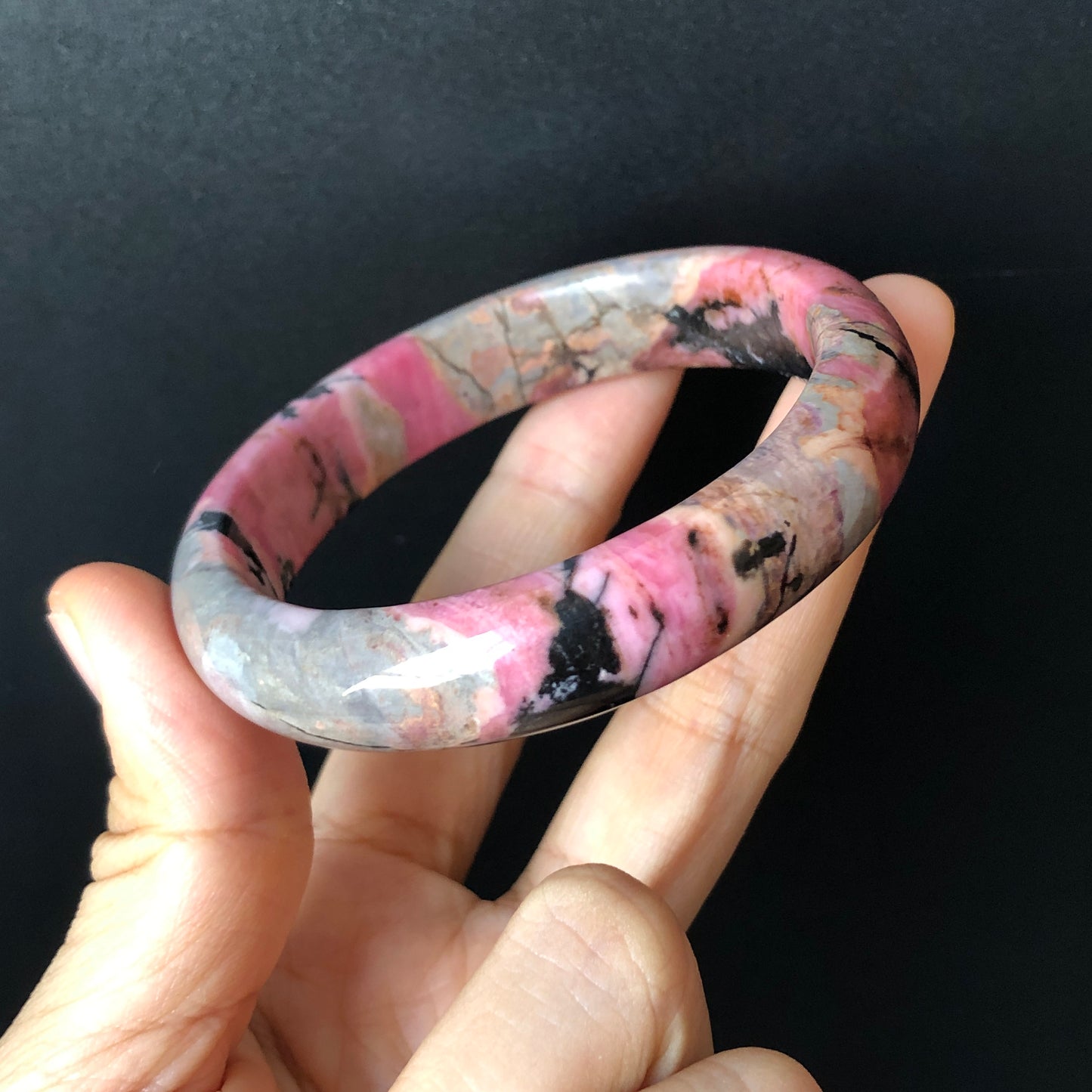 55.3mm Natural Rhodonite Stone Crystal Bangle | Colourful Vintage Punk | Porcelain Blue Pink Brown | Cool Splashing Ink | Love Stone Gift