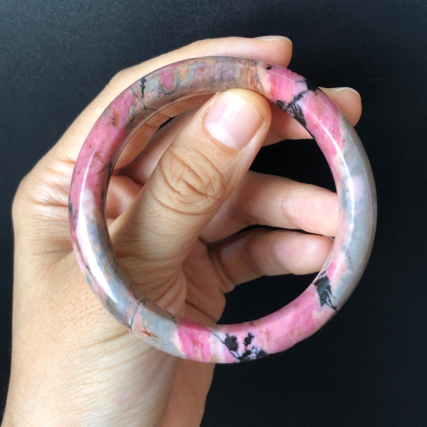 55.3mm Natural Rhodonite Stone Crystal Bangle | Colourful Vintage Punk | Porcelain Blue Pink Brown | Cool Splashing Ink | Love Stone Gift