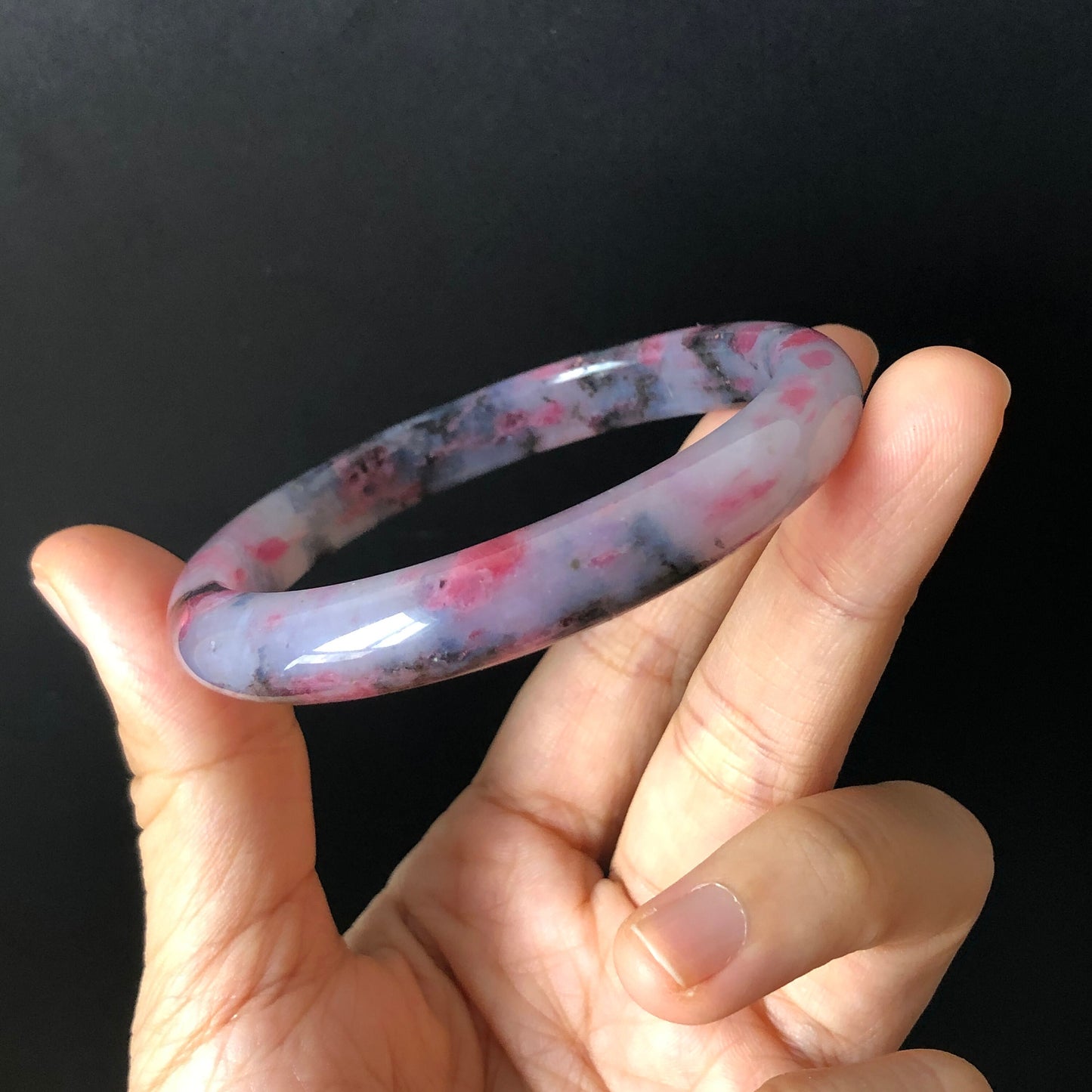 57.7mm Natural Rhodonite Crystal Bangle Stone Bracelet | Milky Pink & Black Sakura Rain | Chinese Chinese Danqing | Cherry Plum Blossom