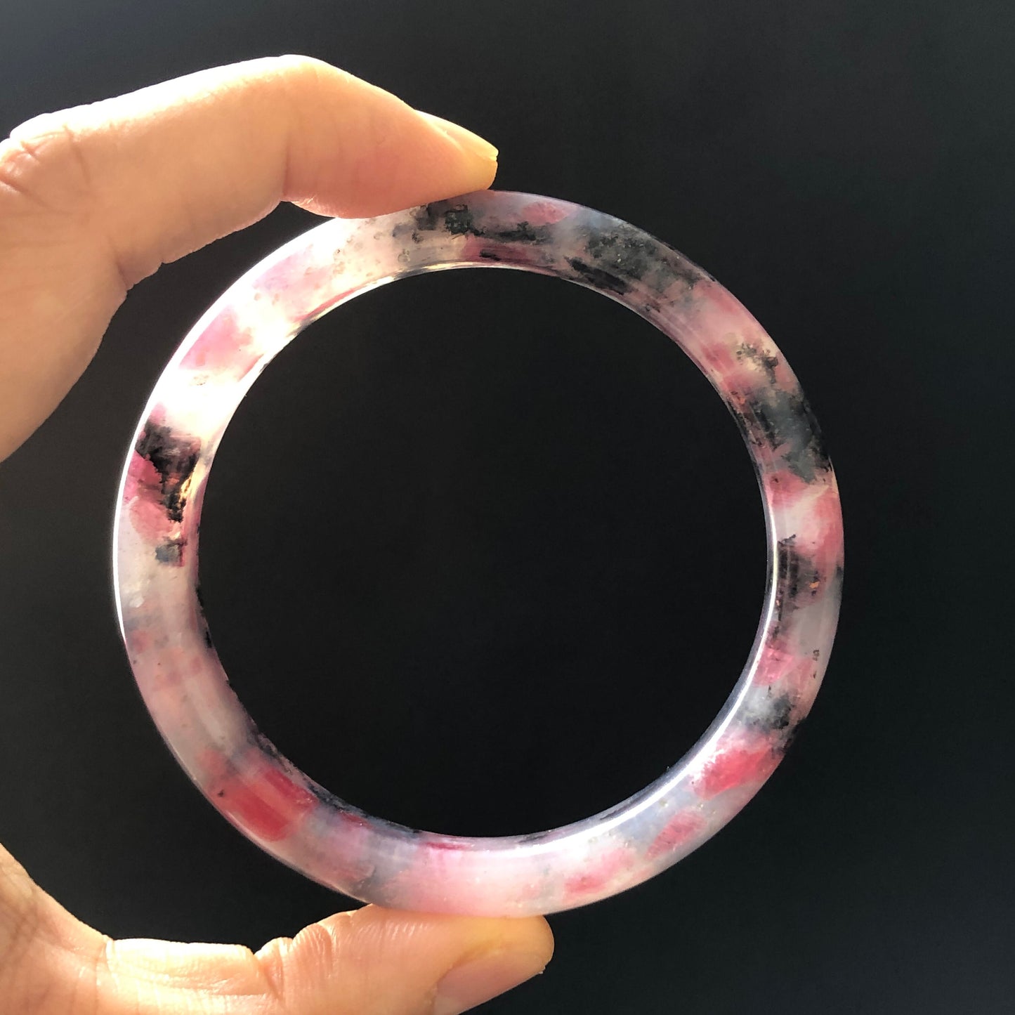 57.7mm Natural Rhodonite Crystal Bangle Stone Bracelet | Milky Pink & Black Sakura Rain | Chinese Chinese Danqing | Cherry Plum Blossom