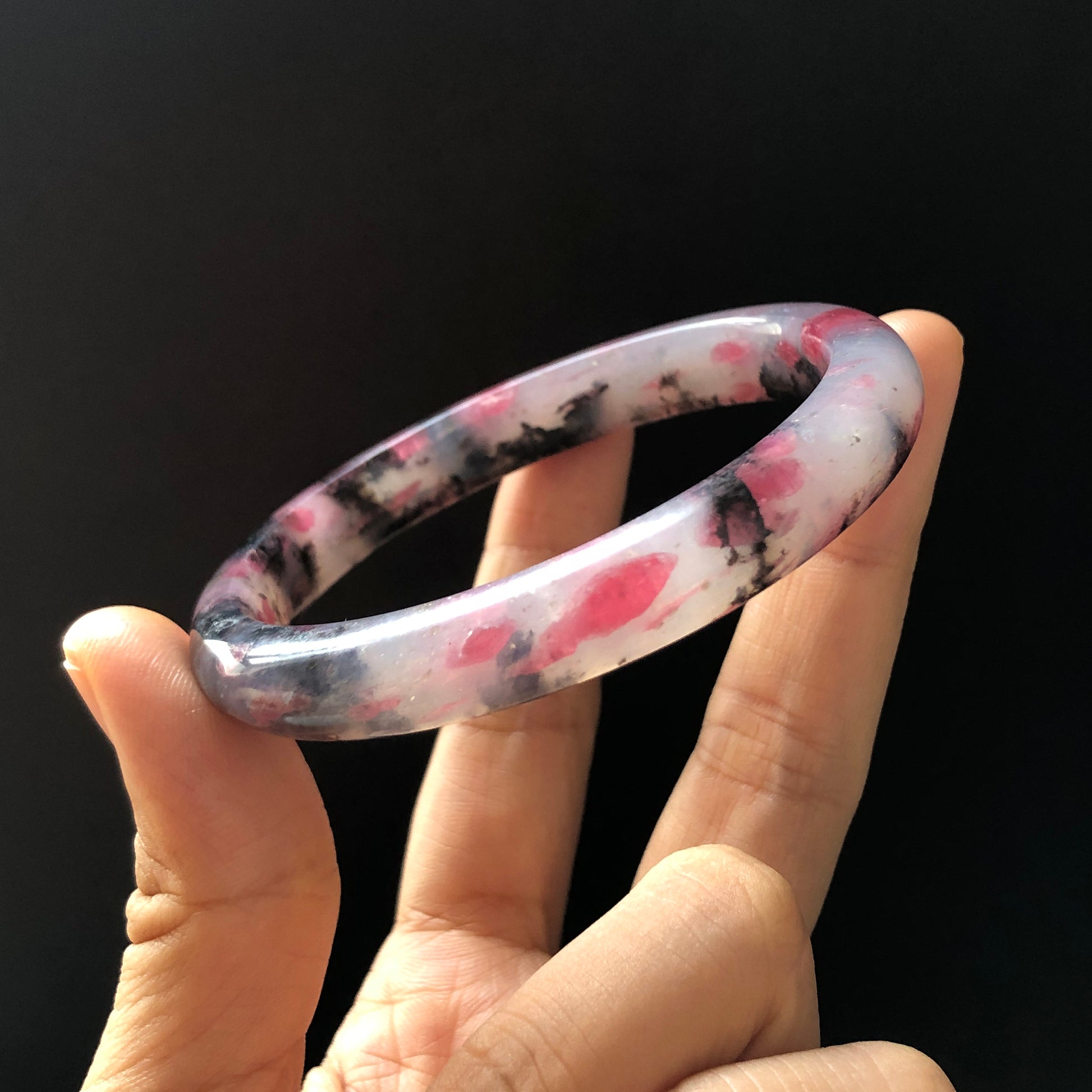 57.7mm Natural Rhodonite Crystal Bangle Stone Bracelet | Milky Pink & Black Sakura Rain | Chinese Chinese Danqing | Cherry Plum Blossom