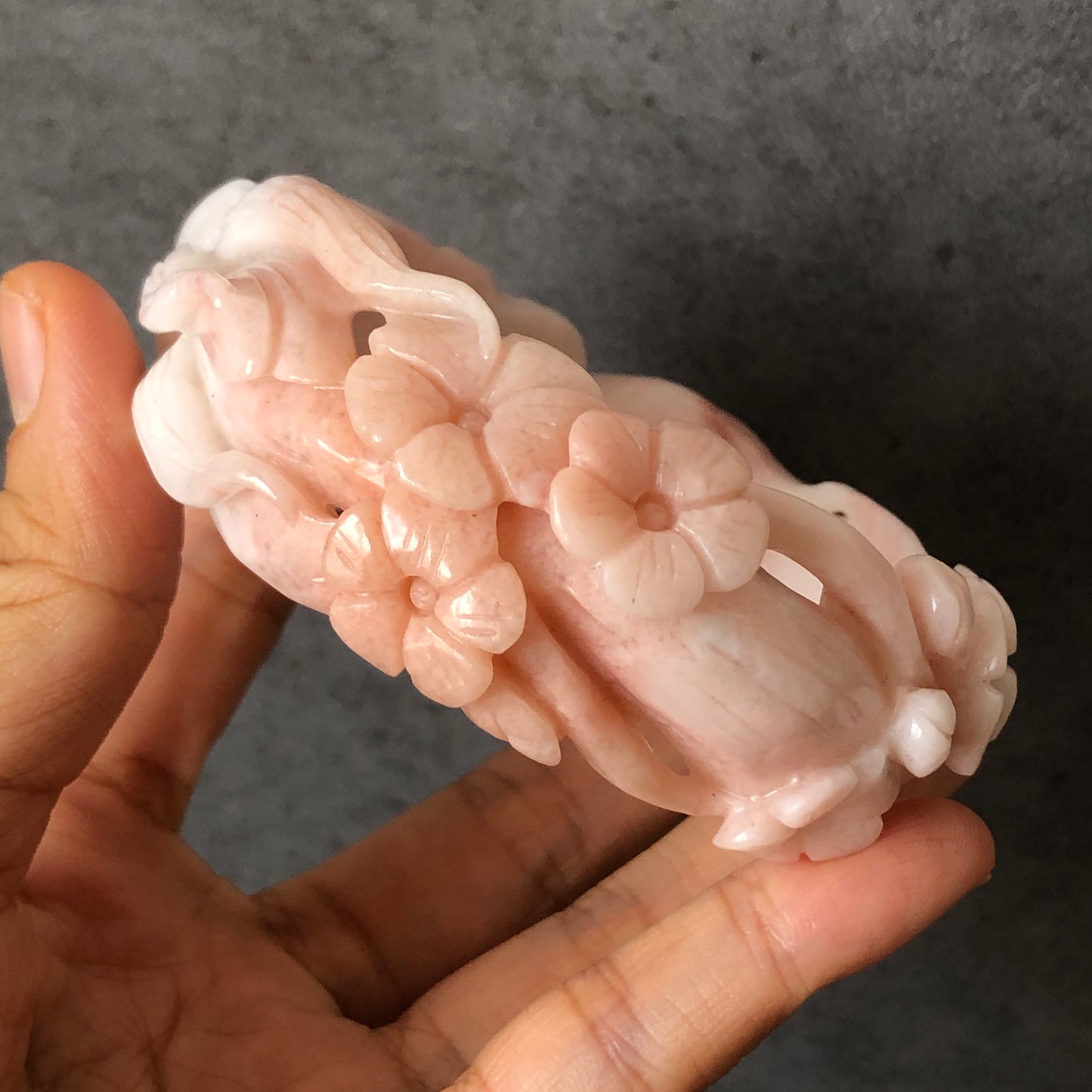 60mm Custom Size Natural Quartzite (She Taicui jade) Hand Carved Nine-tailed Fox Flowers Stone Crystal Bangle | Icy Milky Coral Sands