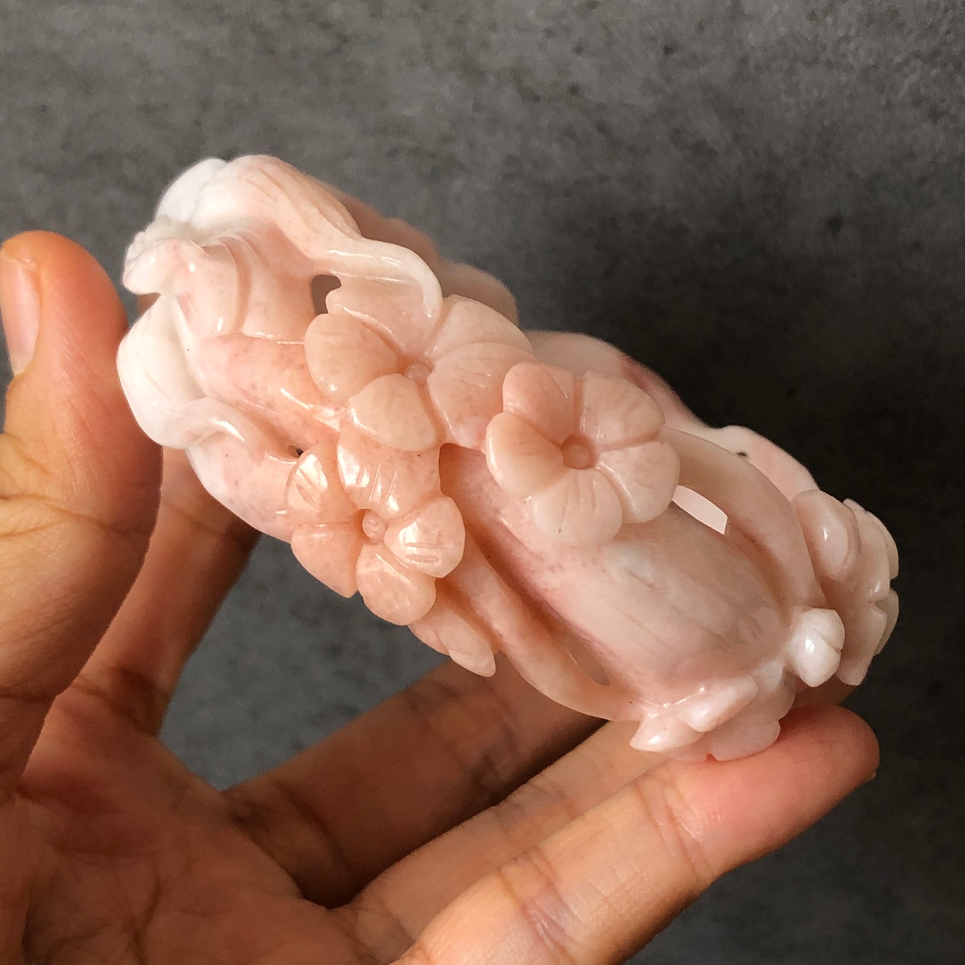 60mm Custom Size Natural Quartzite (She Taicui jade) Hand Carved Nine-tailed Fox Flowers Stone Crystal Bangle | Icy Milky Coral Sands