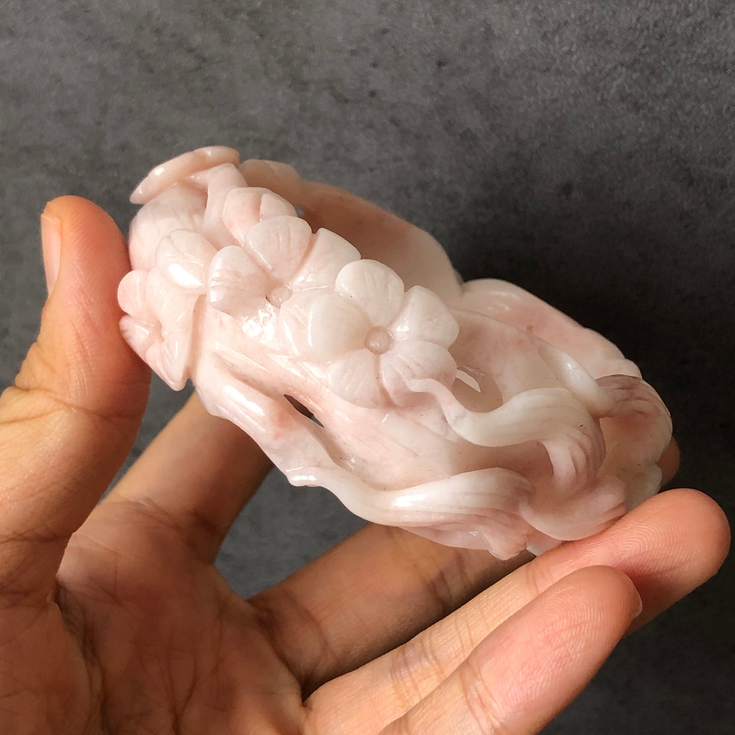 60mm Custom Size Natural Quartzite (She Taicui jade) Hand Carved Nine-tailed Fox Flowers Stone Crystal Bangle | Icy Milky Coral Sands