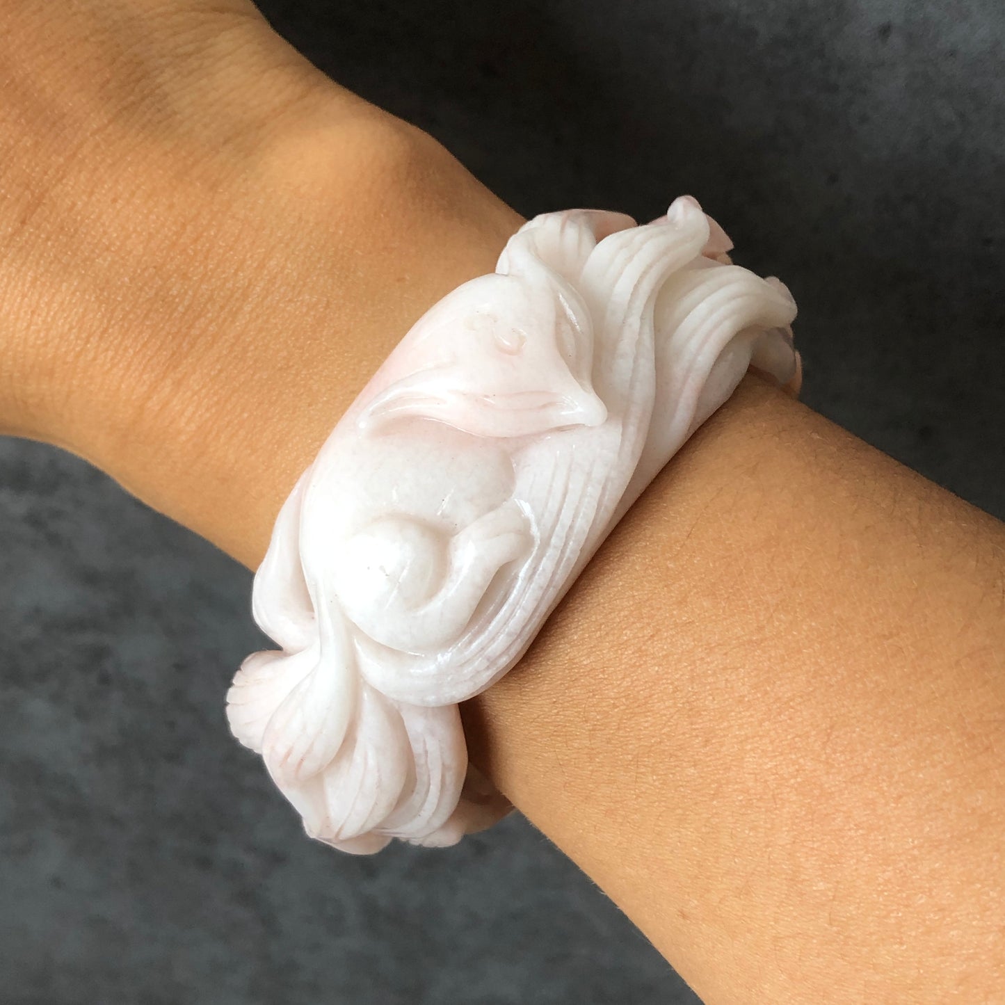 60mm Custom Size Natural Quartzite (She Taicui jade) Hand Carved Nine-tailed Fox Flowers Stone Crystal Bangle | Icy Milky Coral Sands