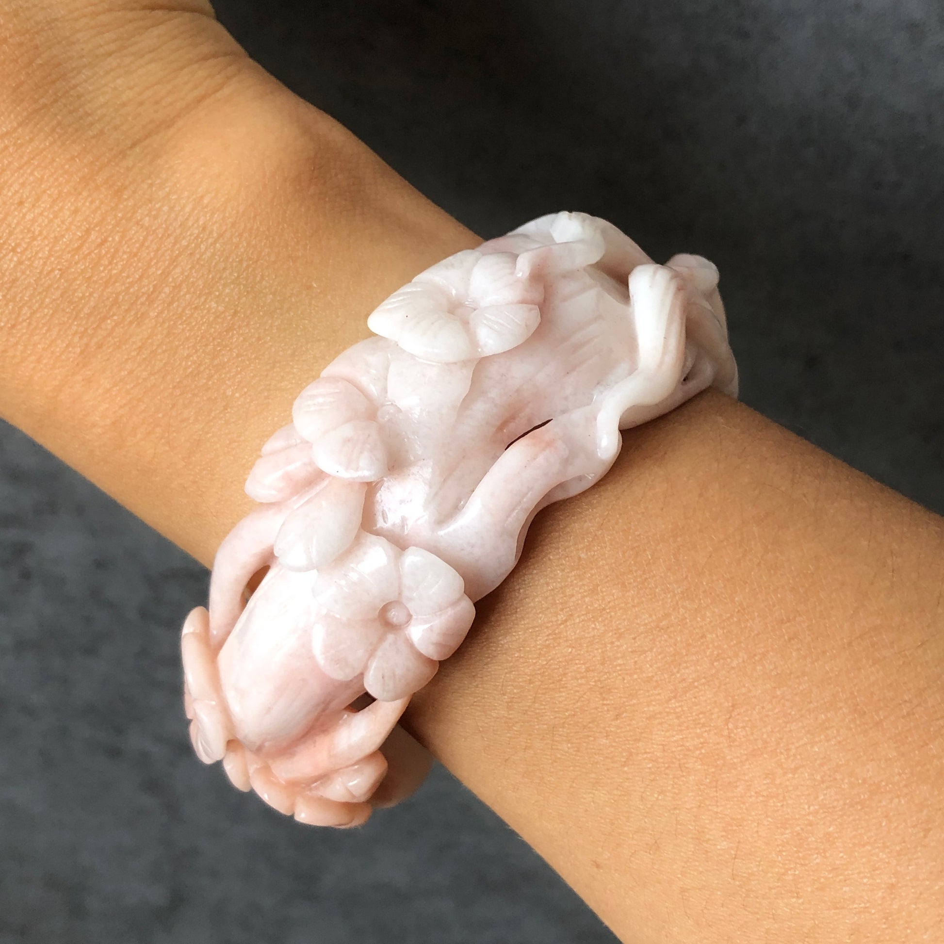 60mm Custom Size Natural Quartzite (She Taicui jade) Hand Carved Nine-tailed Fox Flowers Stone Crystal Bangle | Icy Milky Coral Sands