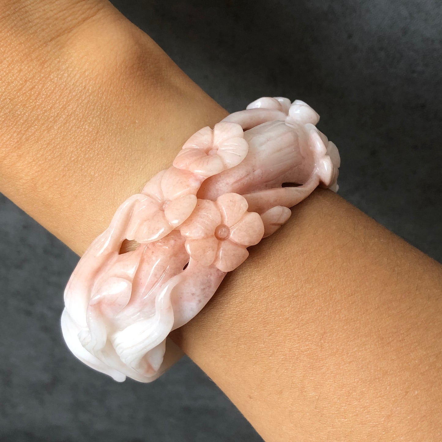 60mm Custom Size Natural Quartzite (She Taicui jade) Hand Carved Nine-tailed Fox Flowers Stone Crystal Bangle | Icy Milky Coral Sands