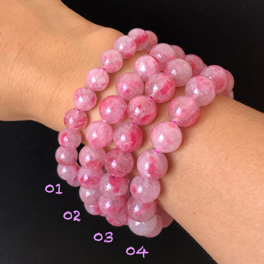 Natural Icy Rhodonite Stone Crystal Bead Bracelet | Cherry Plum Blossom | Sakura Rain | Red Petals | Frozen Cherry | Icy and Translucent