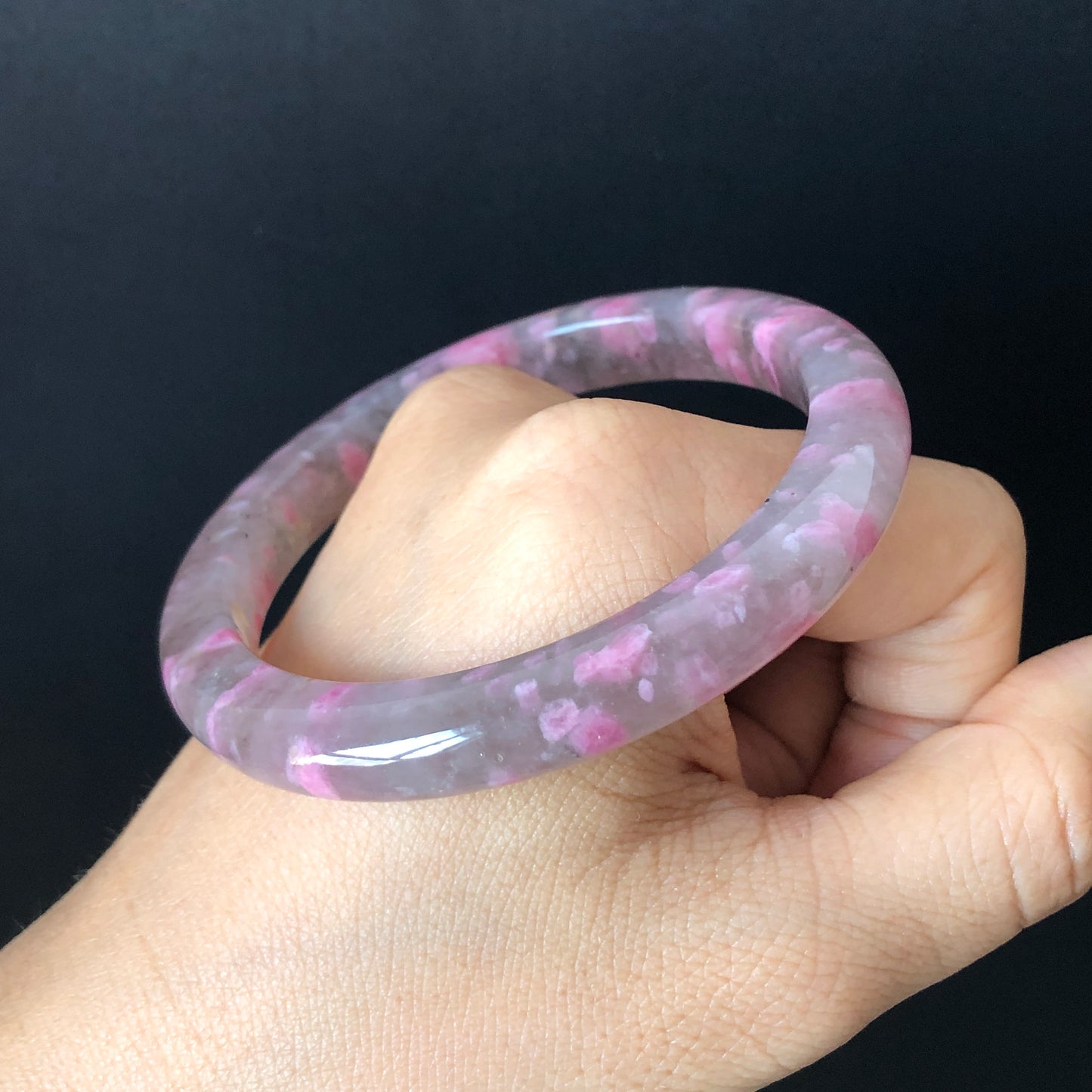 56.4mm Ultra-rare Natural Icy Rhodonite Stone Crystal Gemstone Bangle Bracelet | Night Sakura Rain | Cherry Plum Blossom | Grey Pink Lances