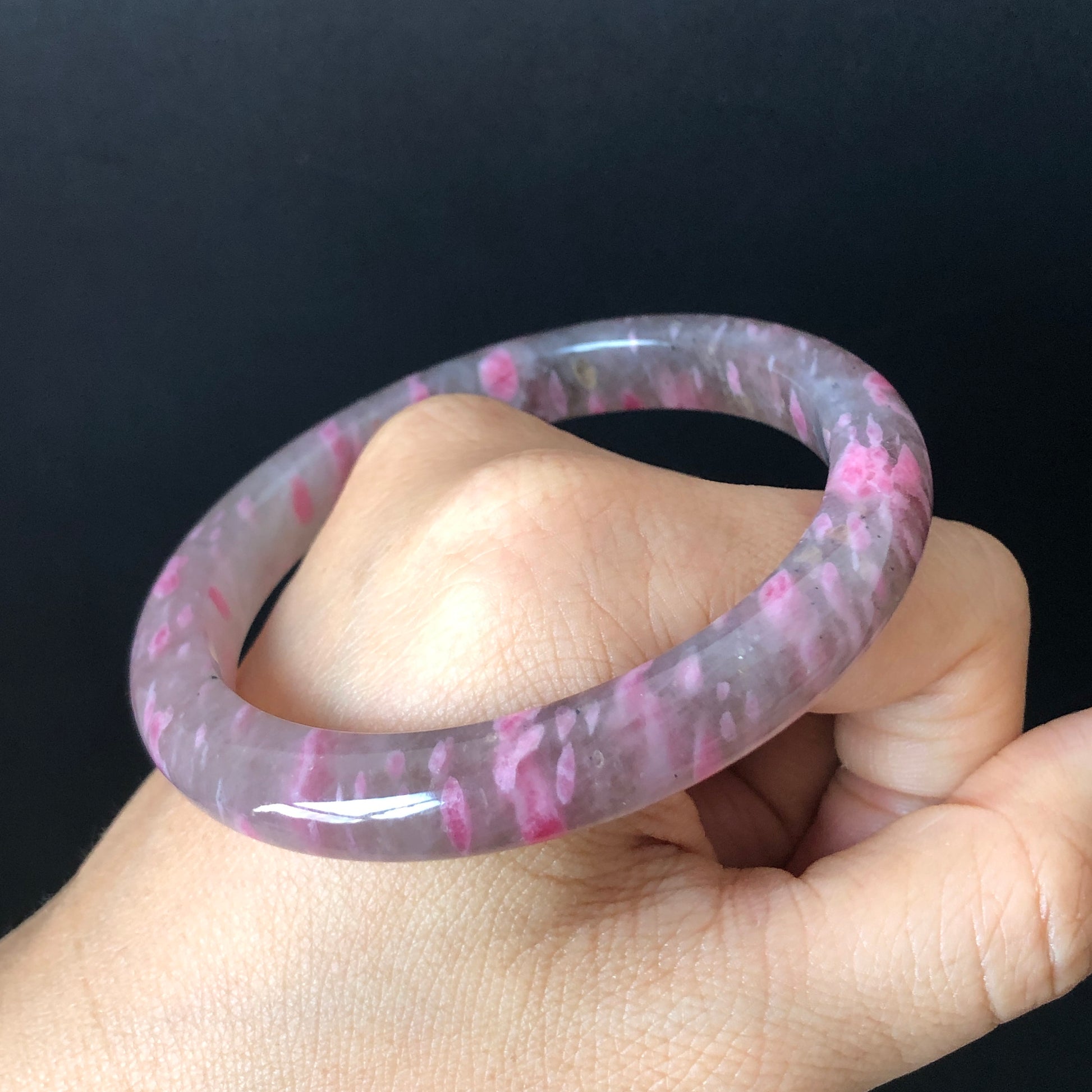 56.4mm Ultra-rare Natural Icy Rhodonite Stone Crystal Gemstone Bangle Bracelet | Night Sakura Rain | Cherry Plum Blossom | Grey Pink Lances