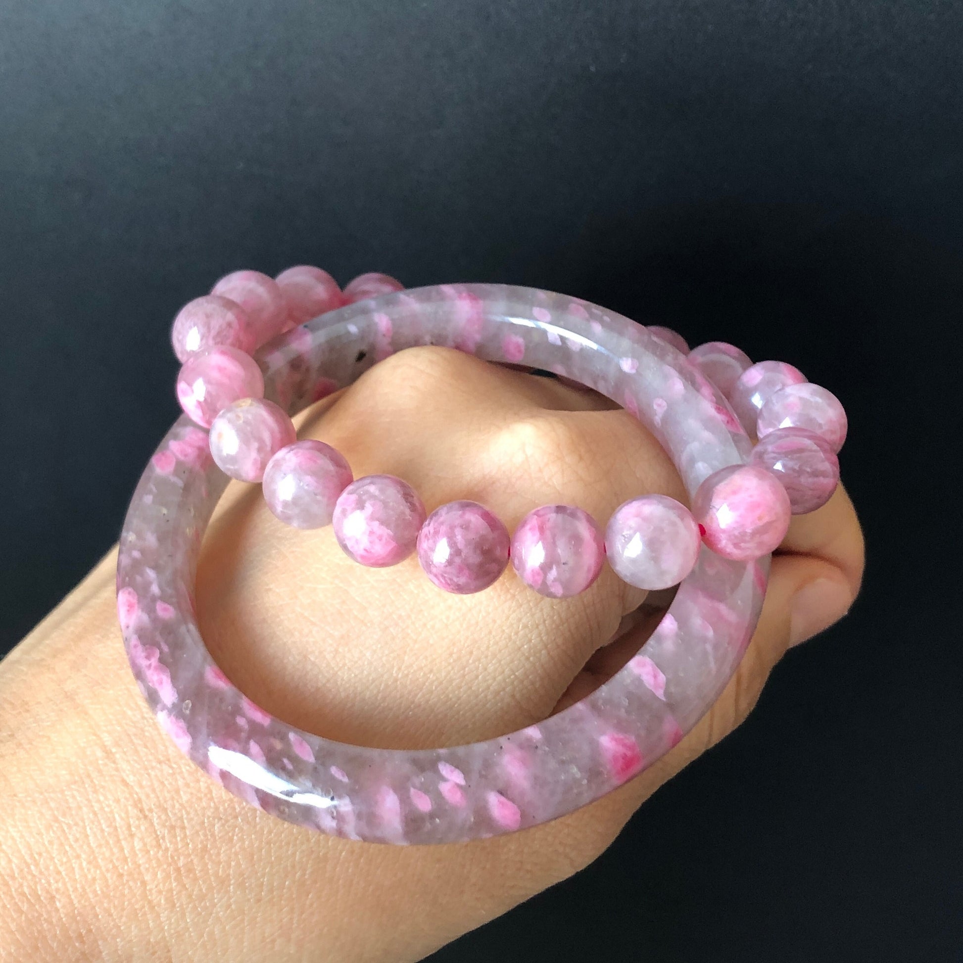 56.4mm Ultra-rare Natural Icy Rhodonite Stone Crystal Gemstone Bangle Bracelet | Night Sakura Rain | Cherry Plum Blossom | Grey Pink Lances