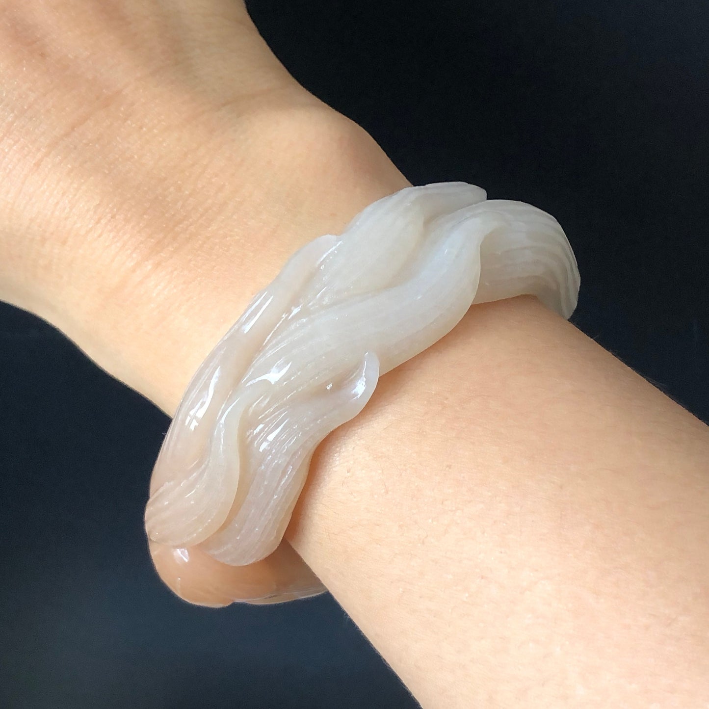 48-70mm Custom Size Natural Quartzite (SheTaicui jade) Hand Carved Nine-tailed Fox with Flower Stone Crystal Bangle | Icy Milky Coral Sands