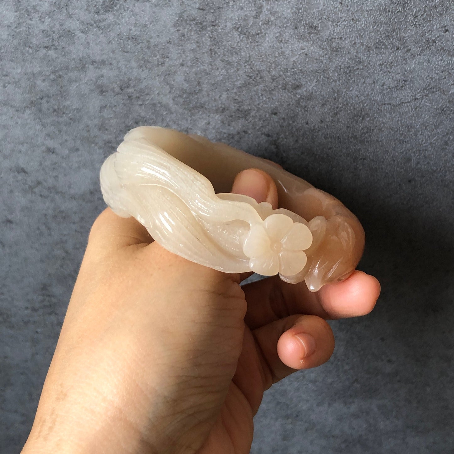 48-70mm Custom Size Natural Quartzite (SheTaicui jade) Hand Carved Nine-tailed Fox with Flower Stone Crystal Bangle | Icy Milky Coral Sands