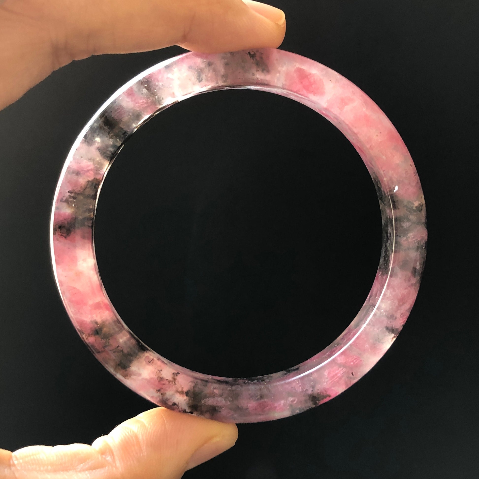 57.6mm Natural Icy Rhodonite Crystal Bangle | Cherry Plum Blossom Sakura Rain | Chinese Painting Danqing | Black Lances | Healing Stone Gift