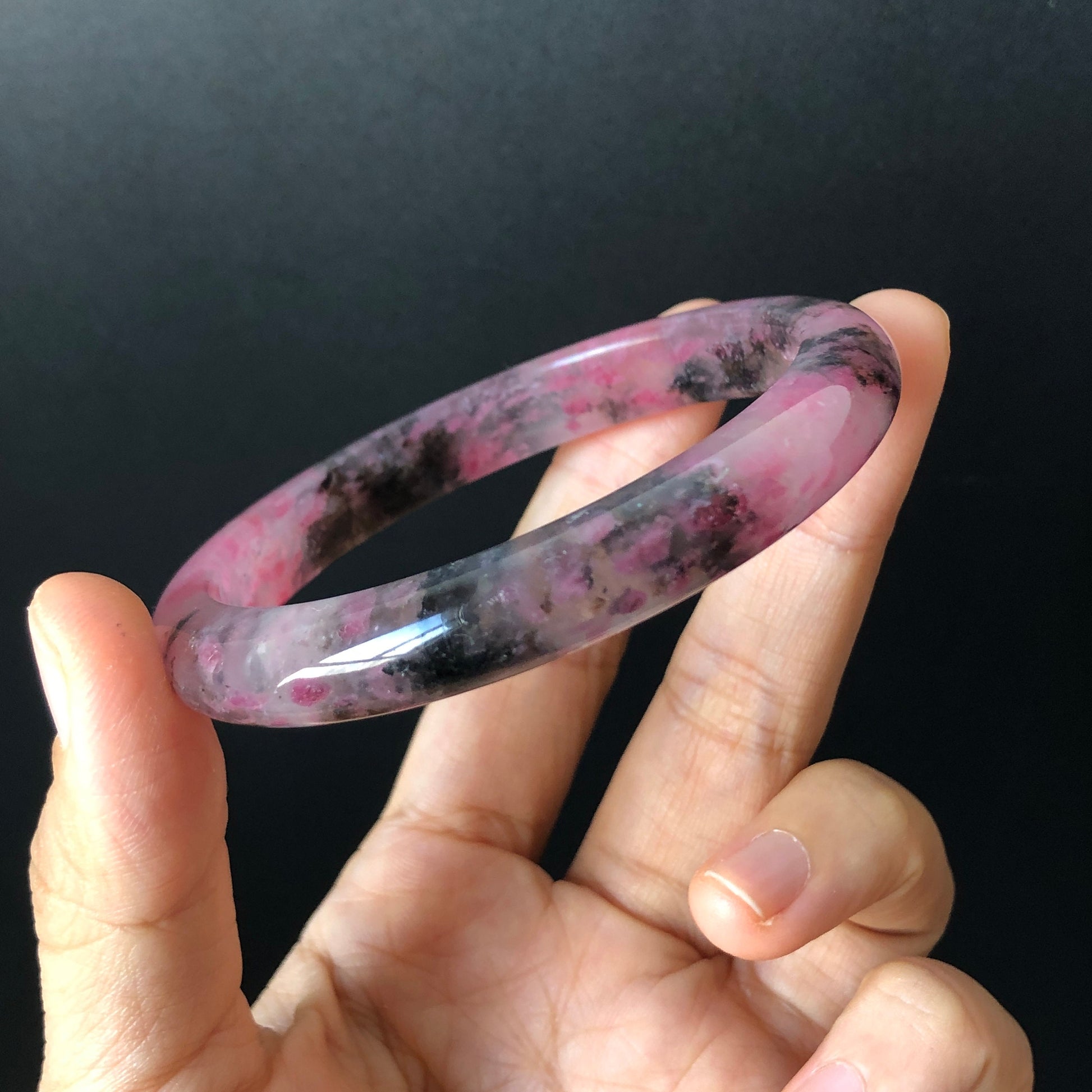 57.6mm Natural Icy Rhodonite Crystal Bangle | Cherry Plum Blossom Sakura Rain | Chinese Painting Danqing | Black Lances | Healing Stone Gift