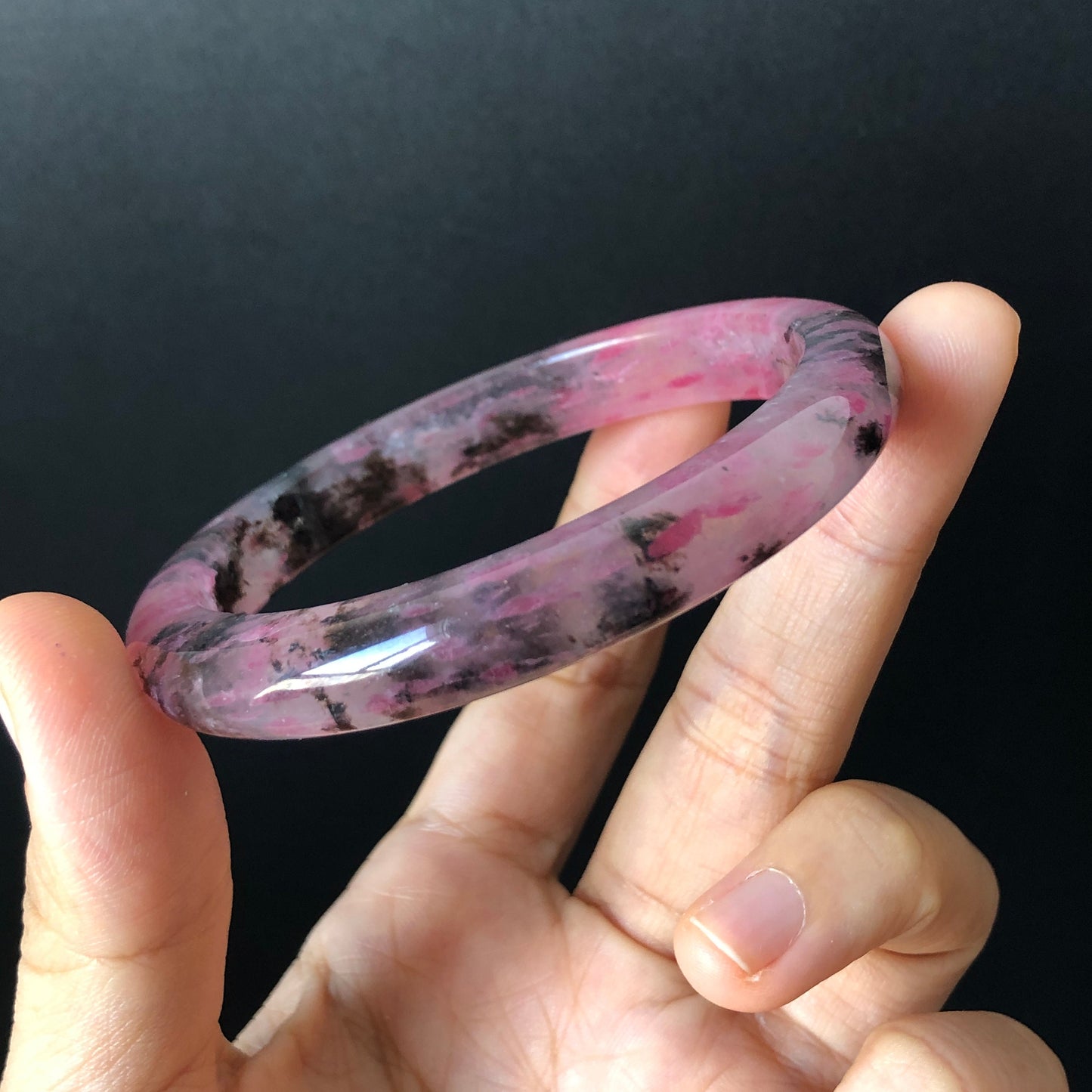 57.6mm Natural Icy Rhodonite Crystal Bangle | Cherry Plum Blossom Sakura Rain | Chinese Painting Danqing | Black Lances | Healing Stone Gift