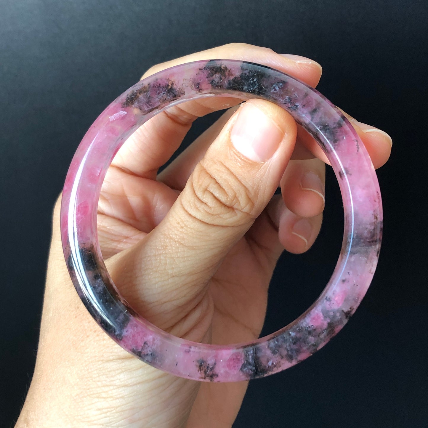 57.6mm Natural Icy Rhodonite Crystal Bangle | Cherry Plum Blossom Sakura Rain | Chinese Painting Danqing | Black Lances | Healing Stone Gift